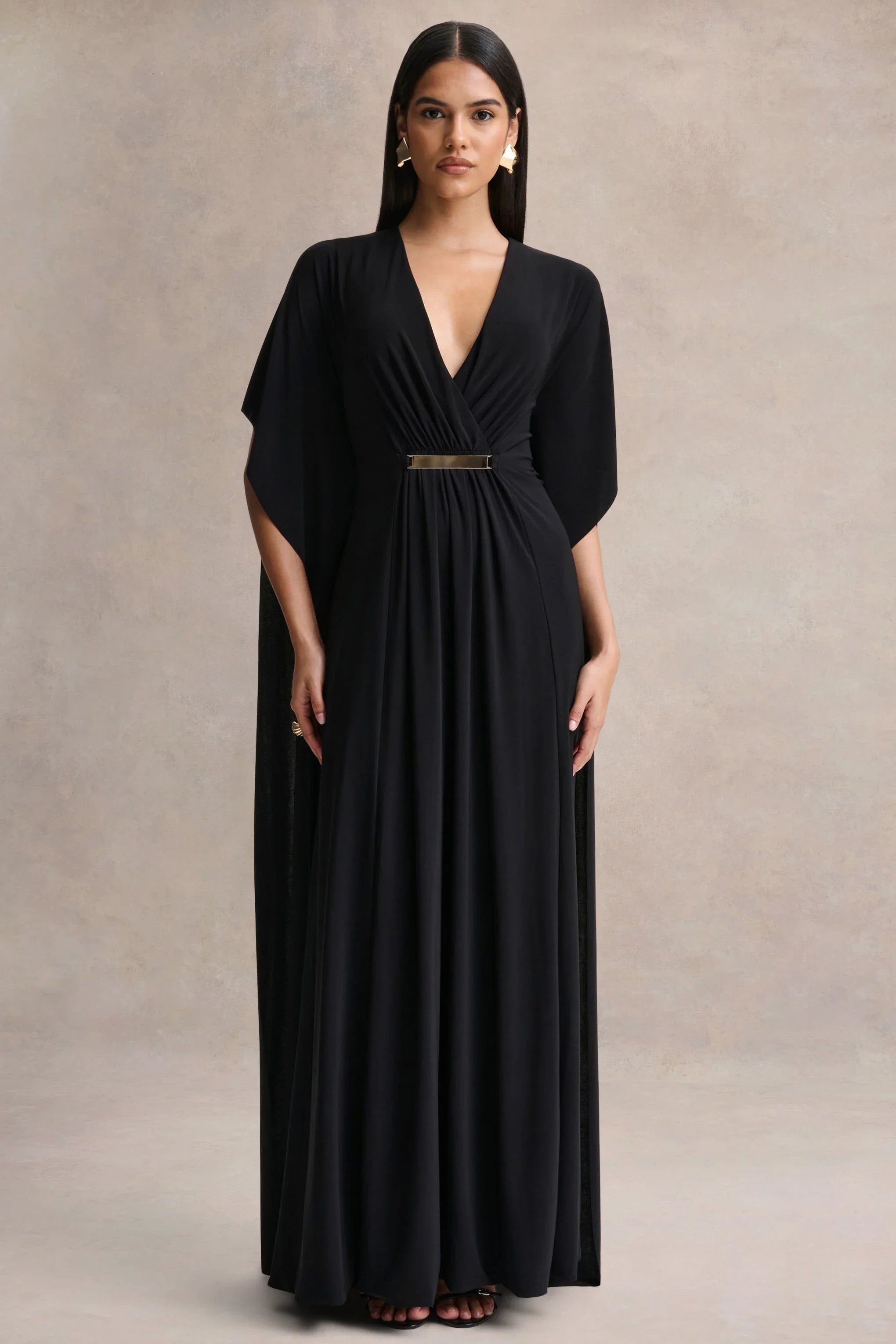Romilly Black Plunge Neck Maxi Dress With Gathered Detail