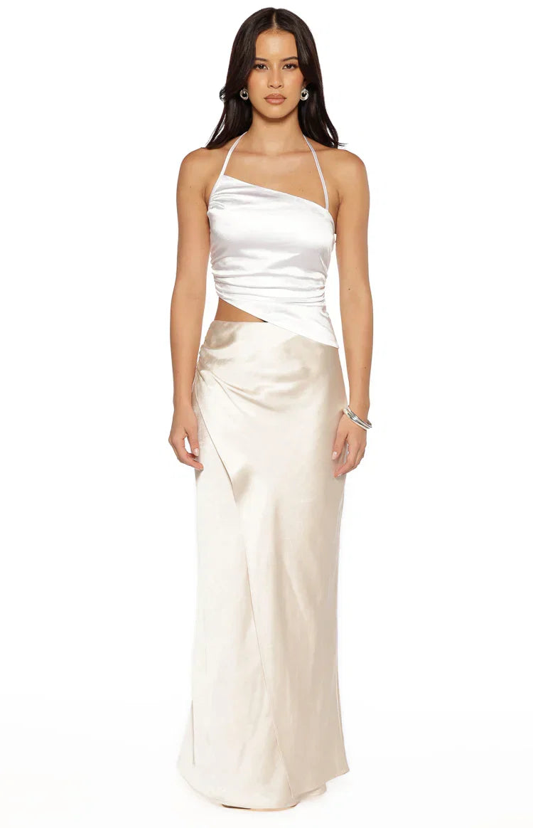 Gracie White Contrast Satin Maxi Dress