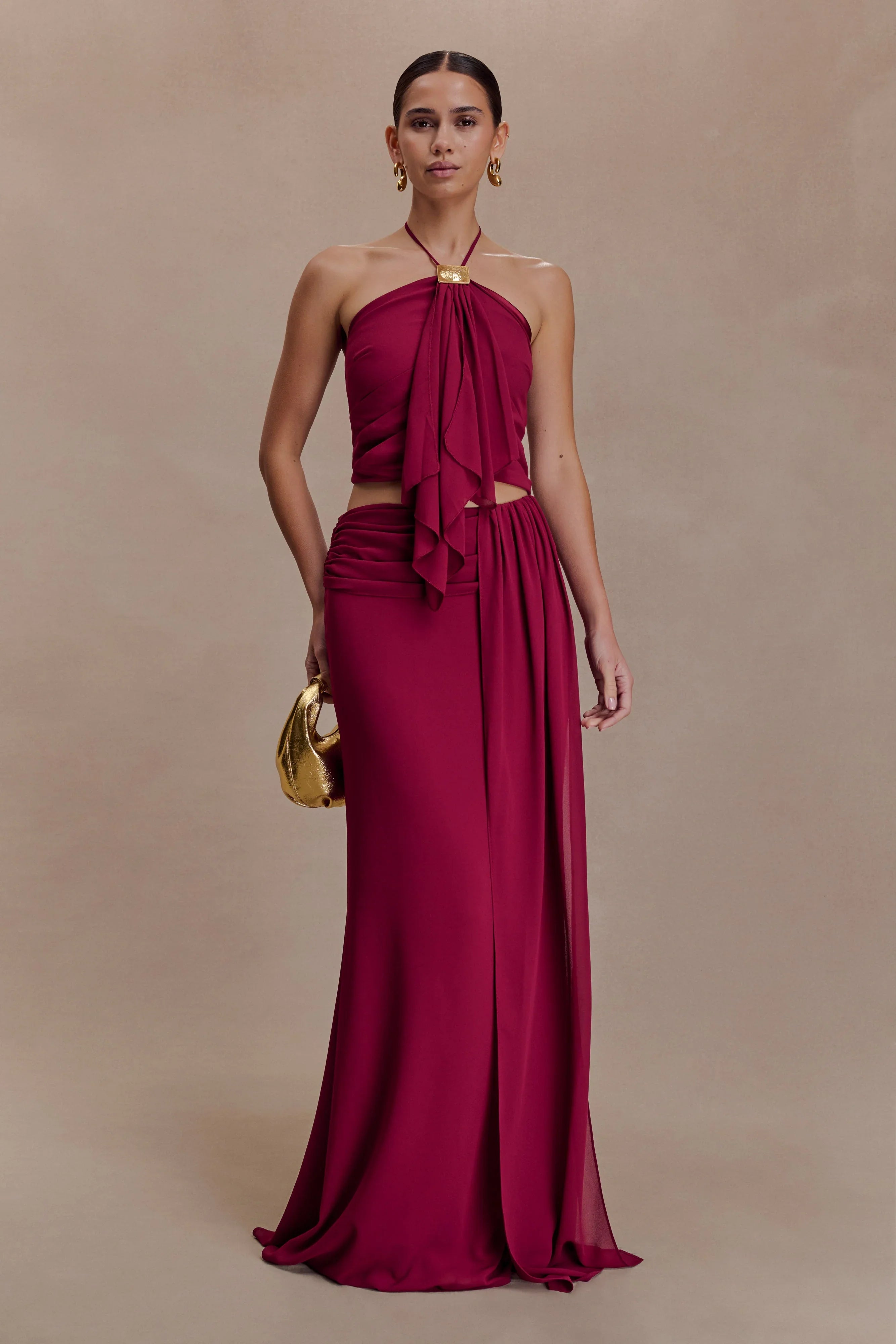 Celina Chiffon Halter Top With Hardware Cherry Red