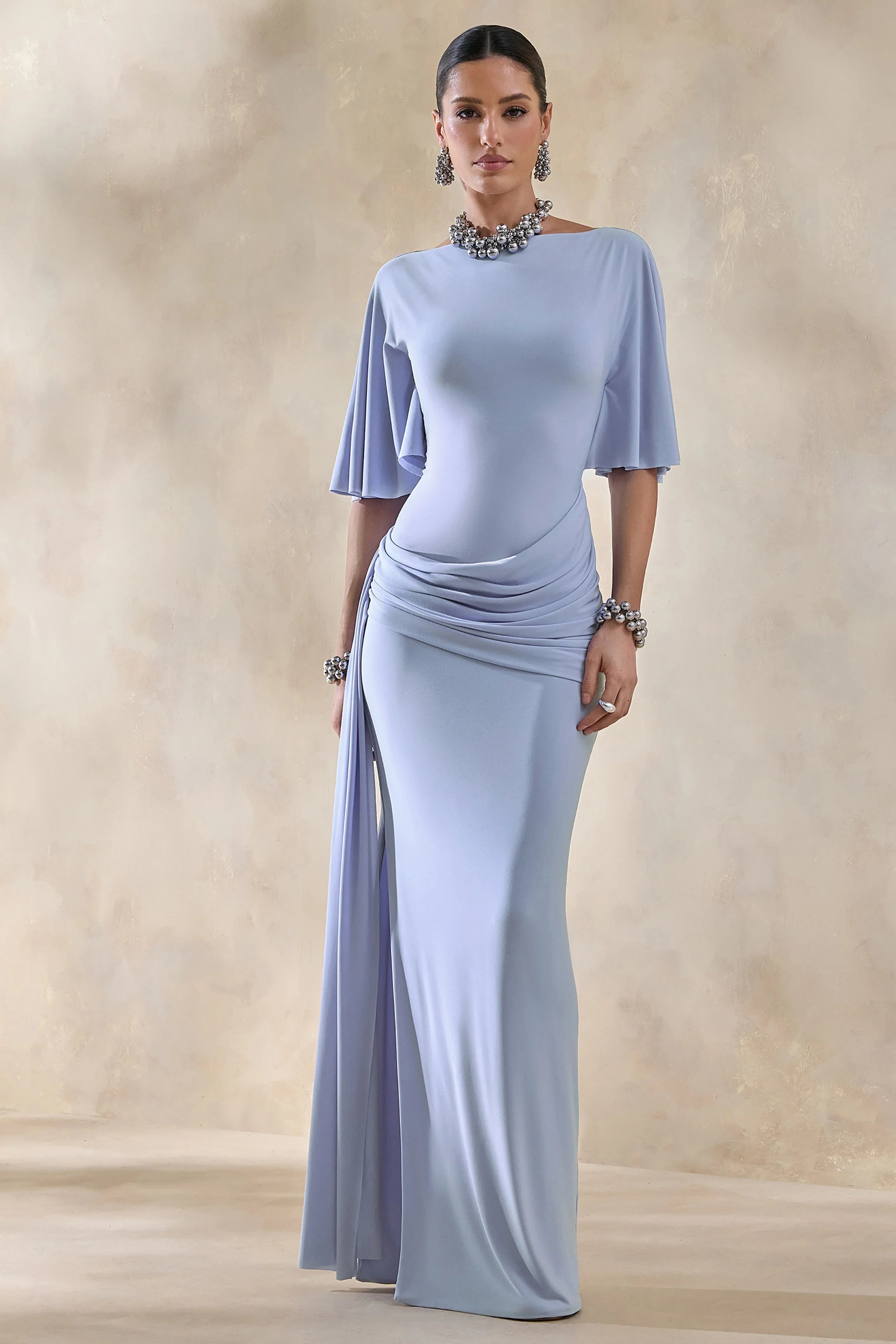 Emerelle Powder Blue Wide Neck Maxi Dress With Sash And Draped Detailing