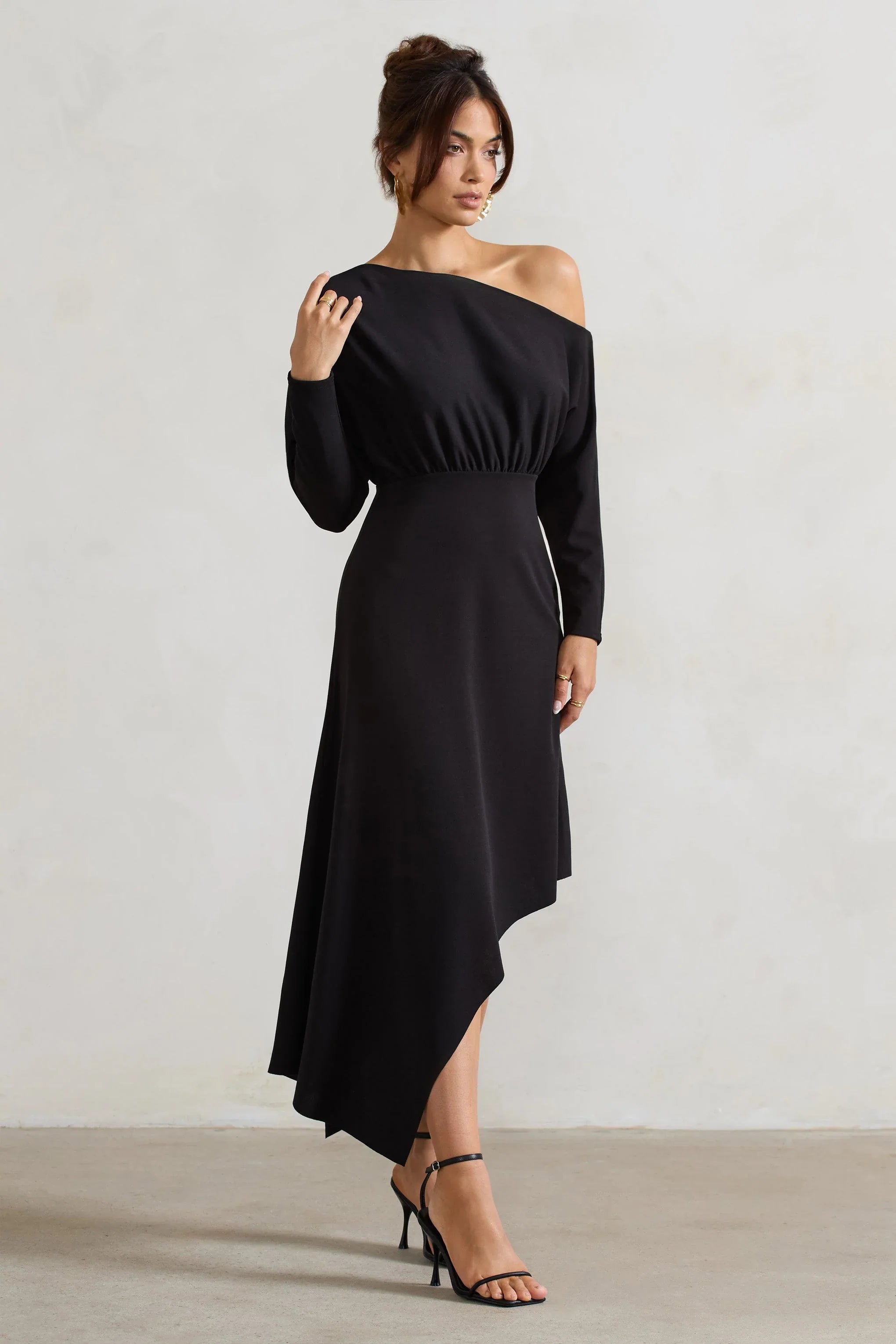 Lori Black Asymmetric Long Sleeve Maxi Dress
