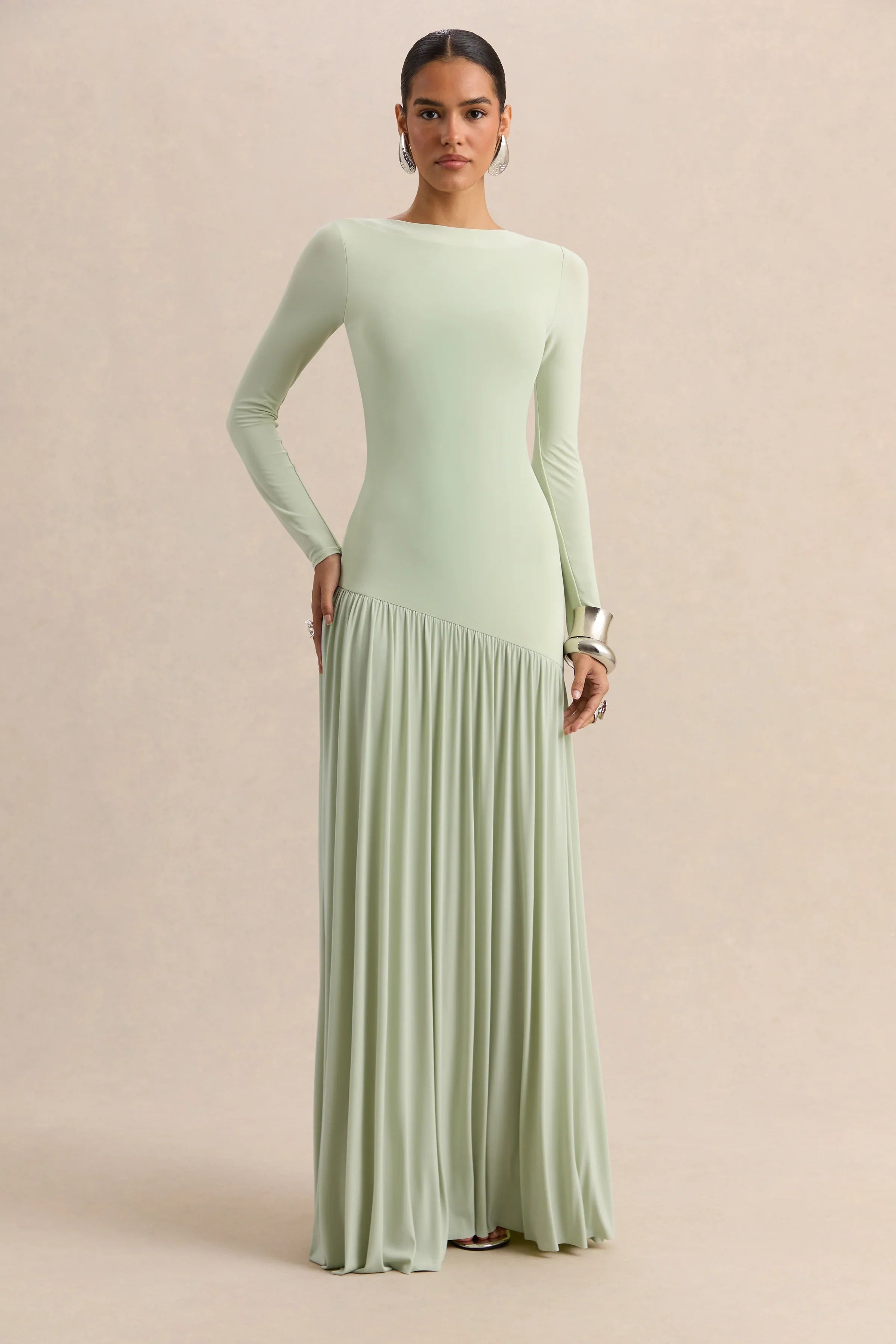 Jasira Mint Crew Neck Maxi Dress With Asymmetric Drop Waist