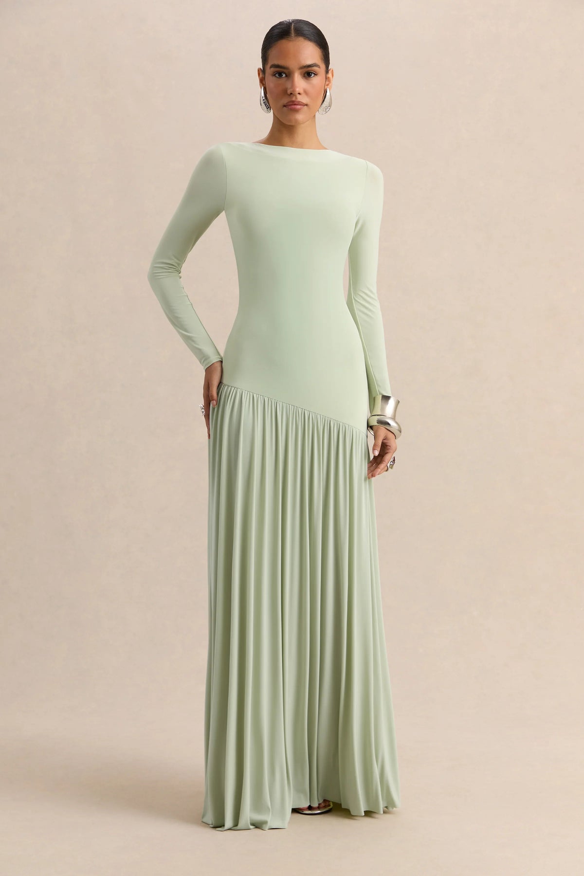 Jasira Mint Crew Neck Maxi Dress With Asymmetric Drop Waist