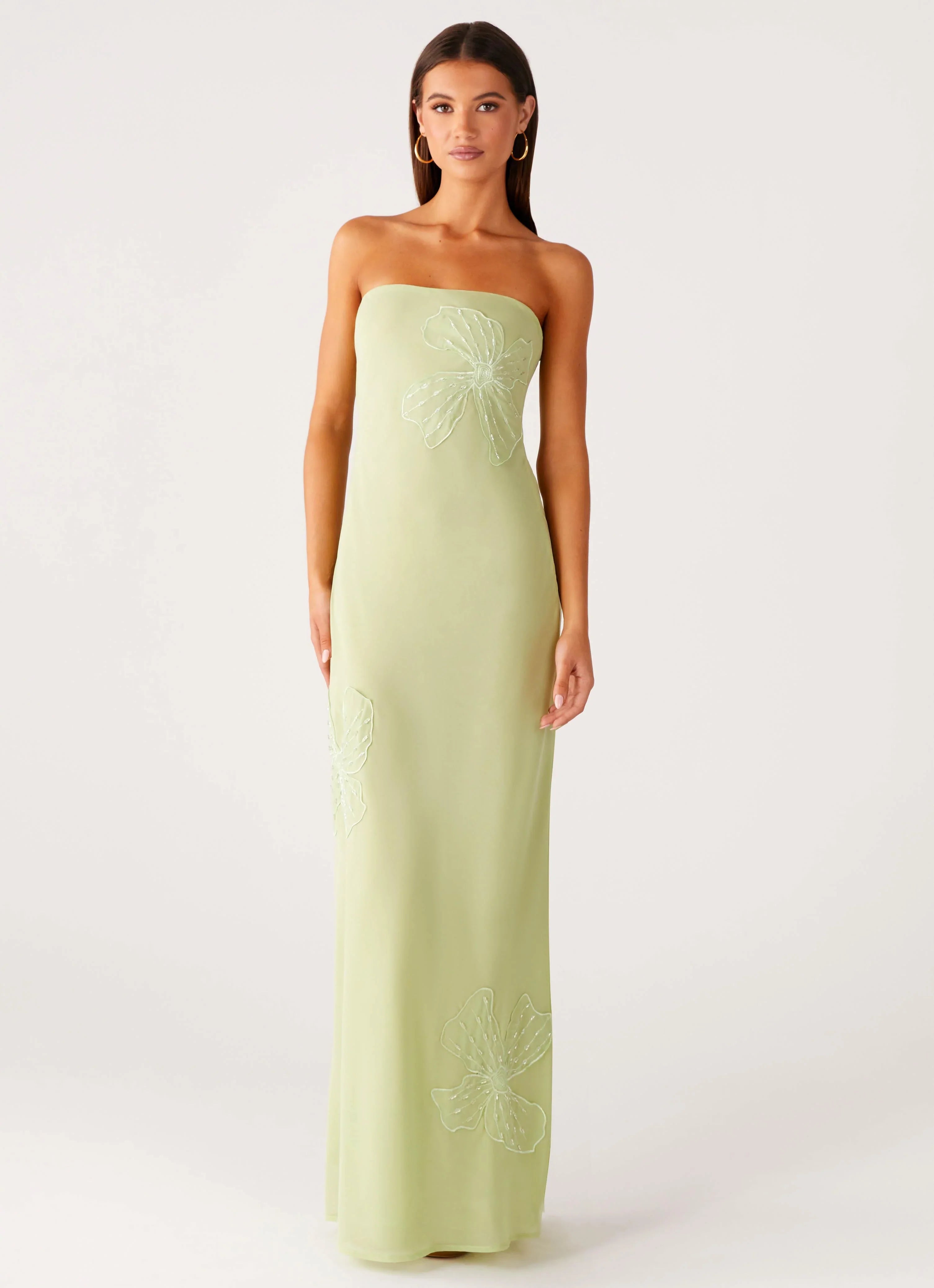 Sassafras Beaded Flower Strapless Maxi Dress Lime