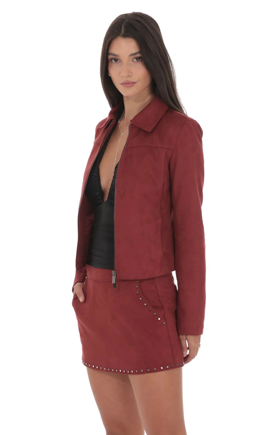 Suede Zip Up Jacket in Maroon