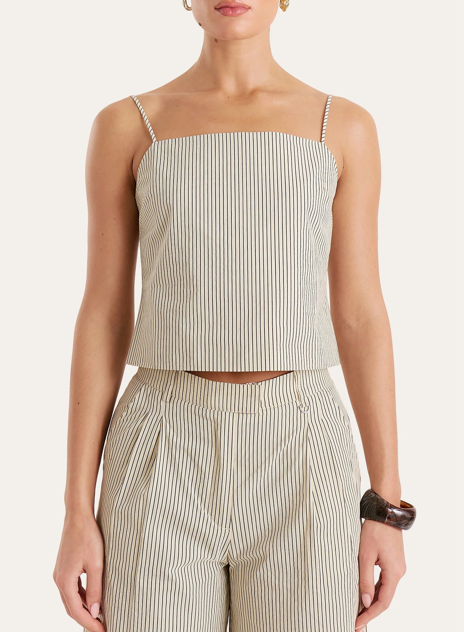 Beige Striped Tie Back Cami Crop Top
