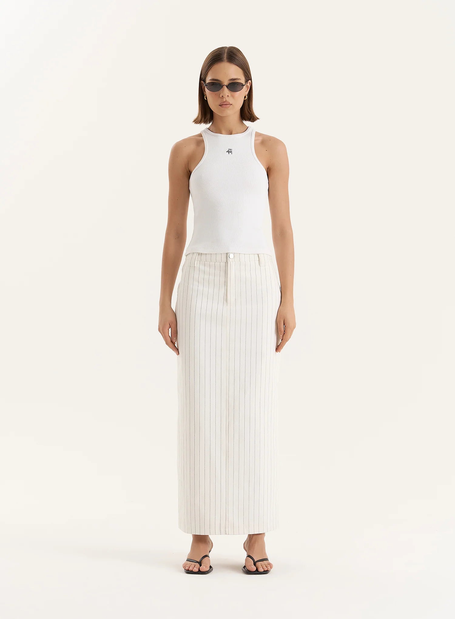 White Pinstripe Tailored Denim Maxi Skirt