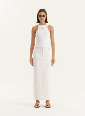 White Pinstripe Tailored Denim Maxi Skirt