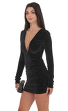 Velvet Plunge Long Sleeve Dress in Black