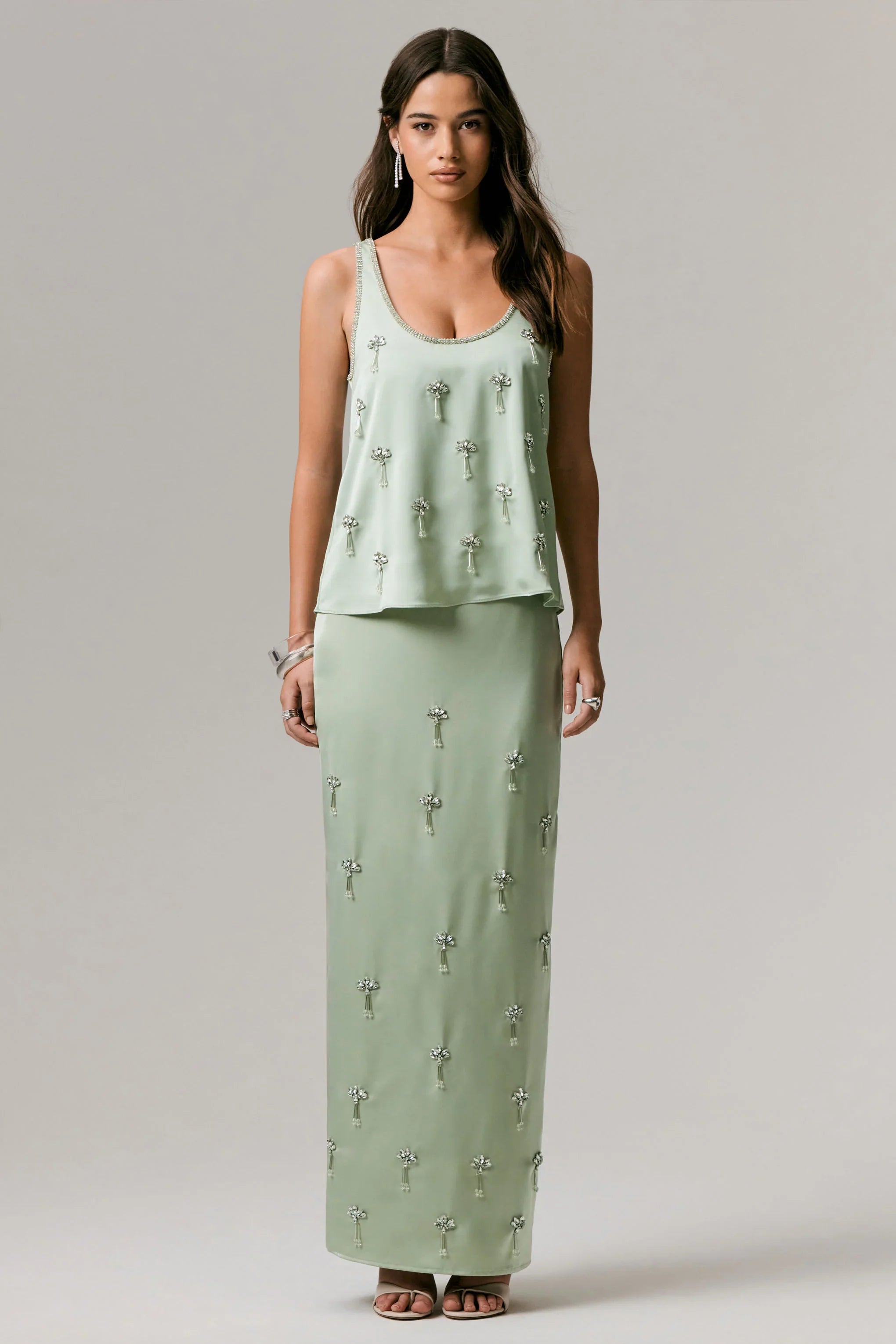 Lena Mint Satin Embellished Maxi Skirt