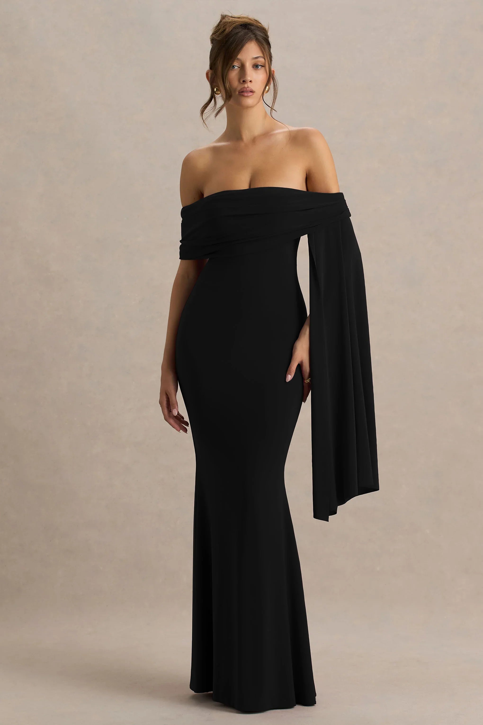 Saffina Black Bardot Neck Maxi Dress With Sash Detail