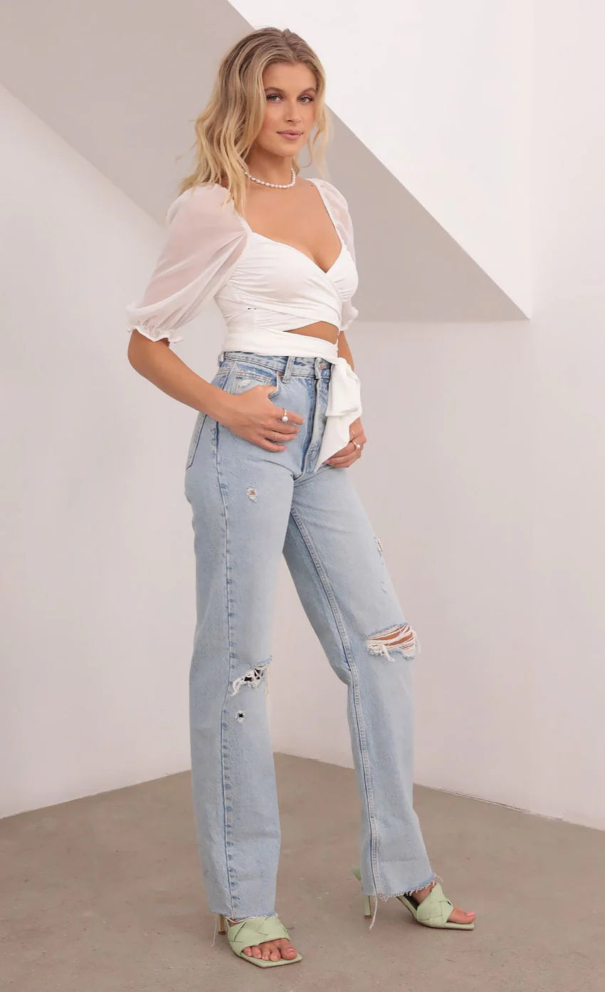 Aliah Puff Chiffon Wrap Top in White
