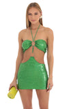 Iridescent Sequin Halter Dress in Green