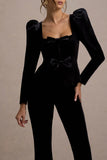 Suzu Black Velvet Puff Sleeve Top With Bows