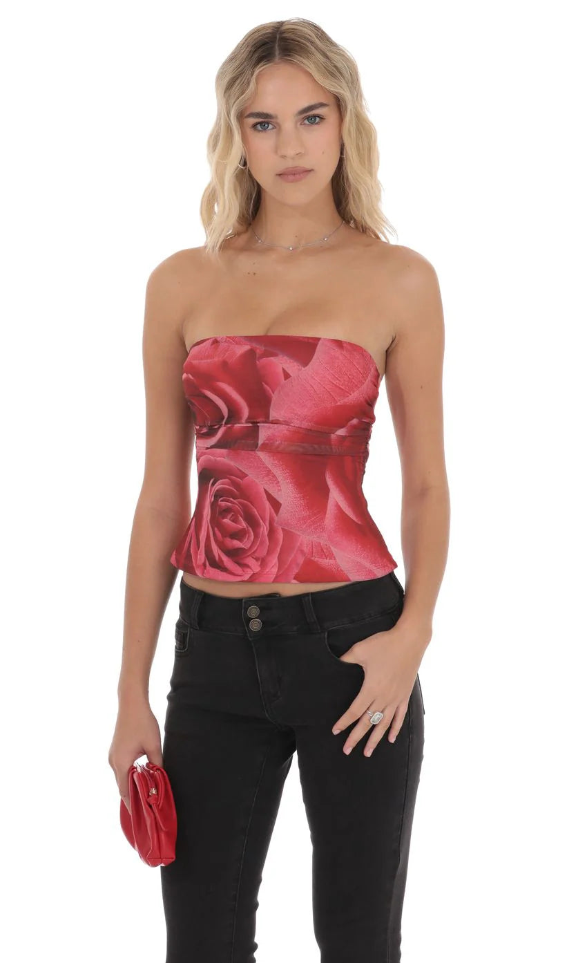 Mesh Rose Ruched Tube Top in Red