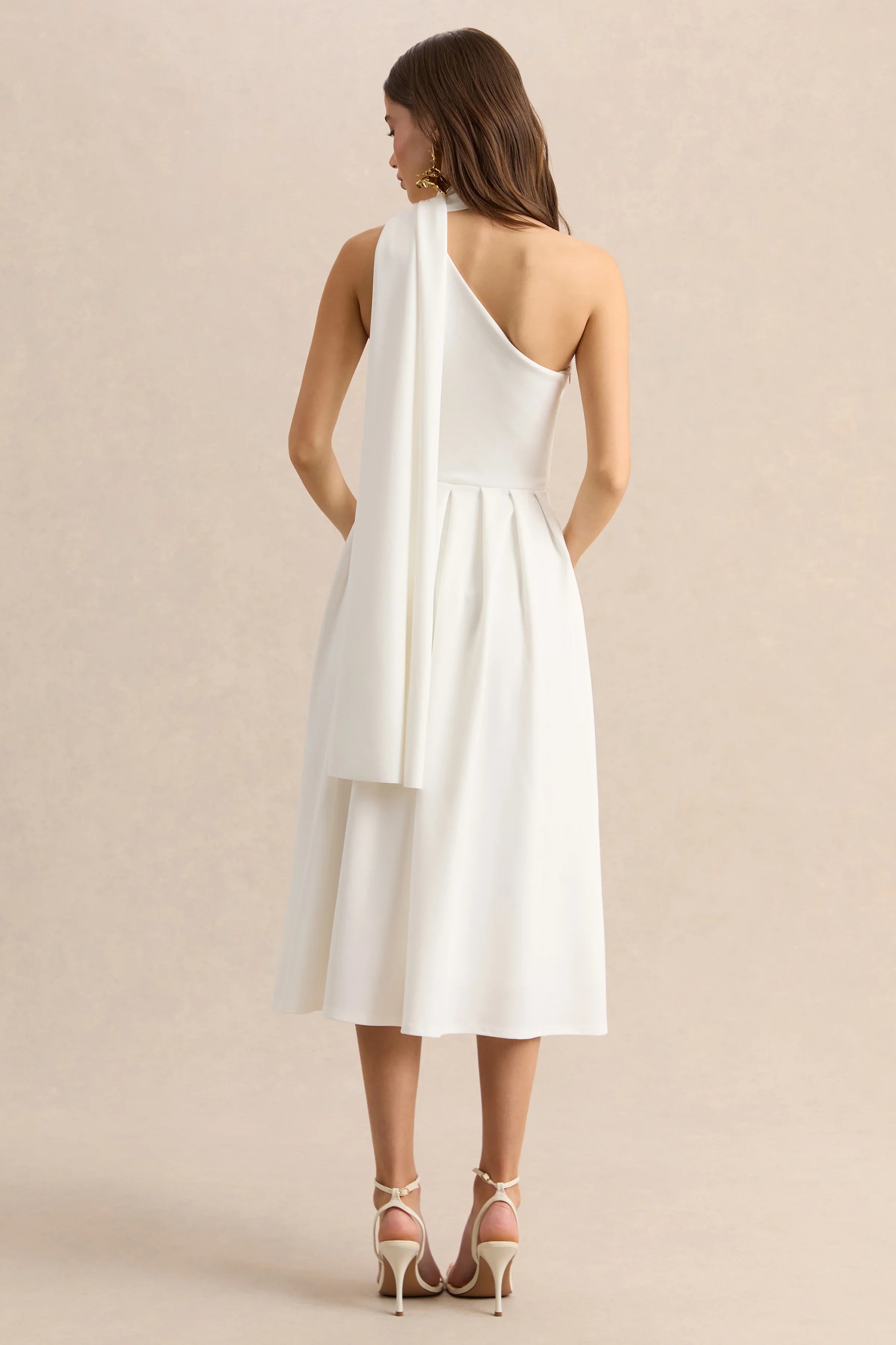 Odette White Asymmetric Neck Midi Dress With Scarf