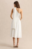 Odette White Asymmetric Neck Midi Dress With Scarf