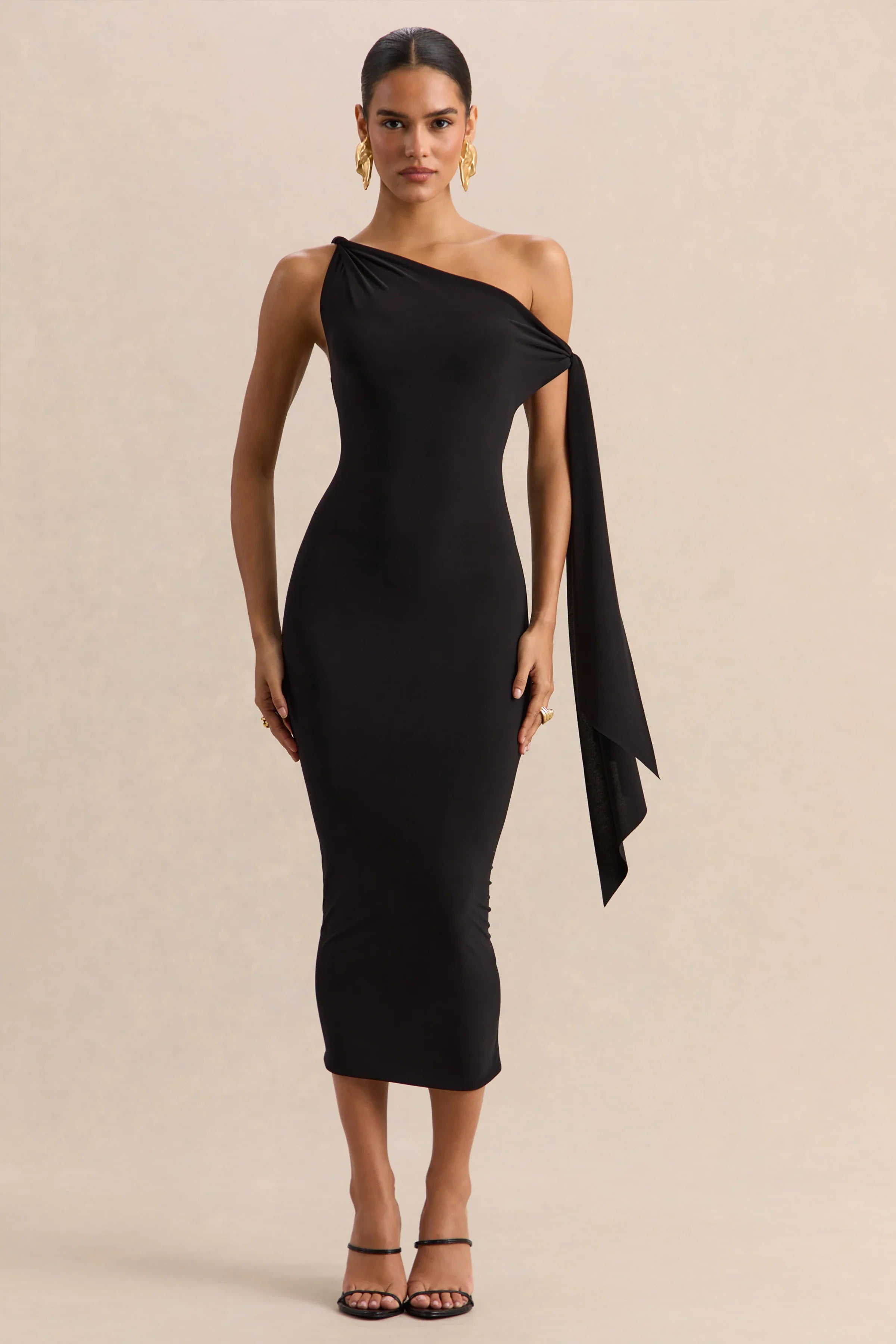 Arcelia Black Asymmetric Neck Midi Dress With Knot Sleeve Detail