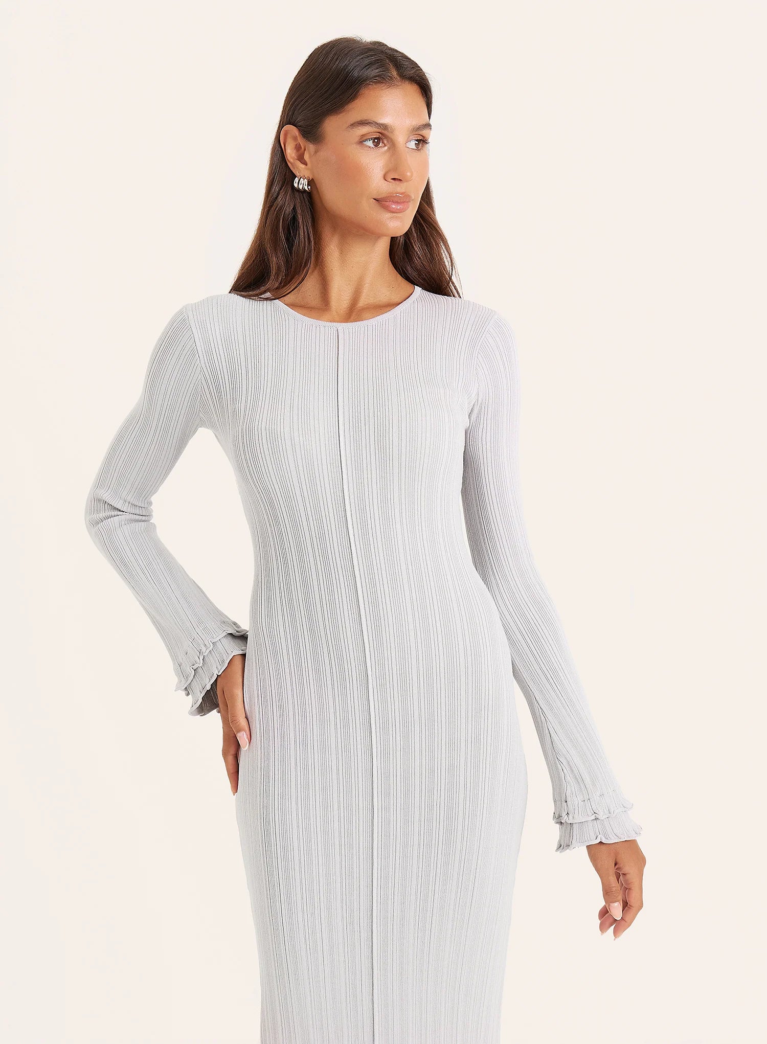 Grey Knitted Ribbed Maxi Dress
