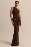 Caelia Brown Asymmetric Neck Maxi Dress With Gold Detailing And Sash