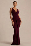 Mallie Burgundy Cowl Neck Maxi Dress With Open Back And Gathered Detailing