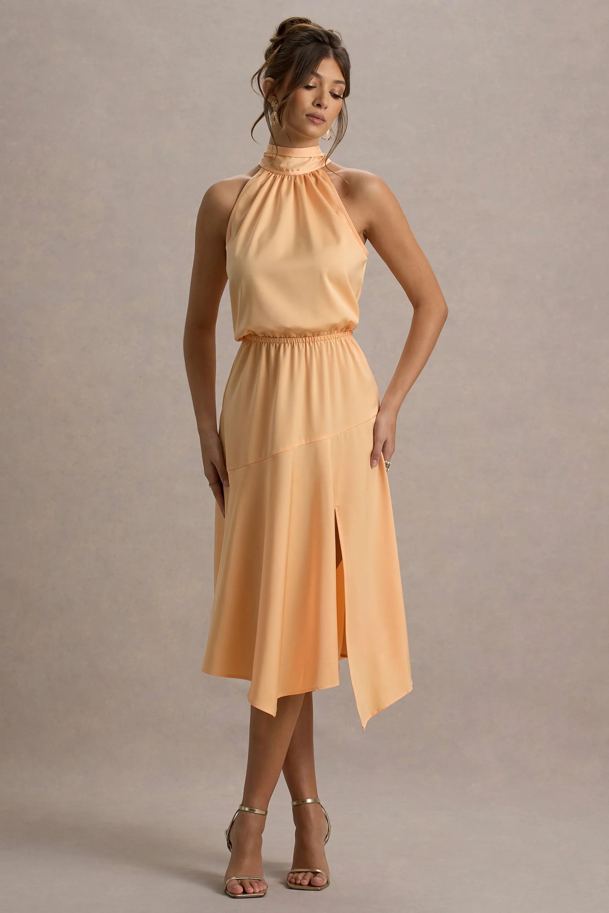 Palonia Peach Satin High Neck Split Midi Dress