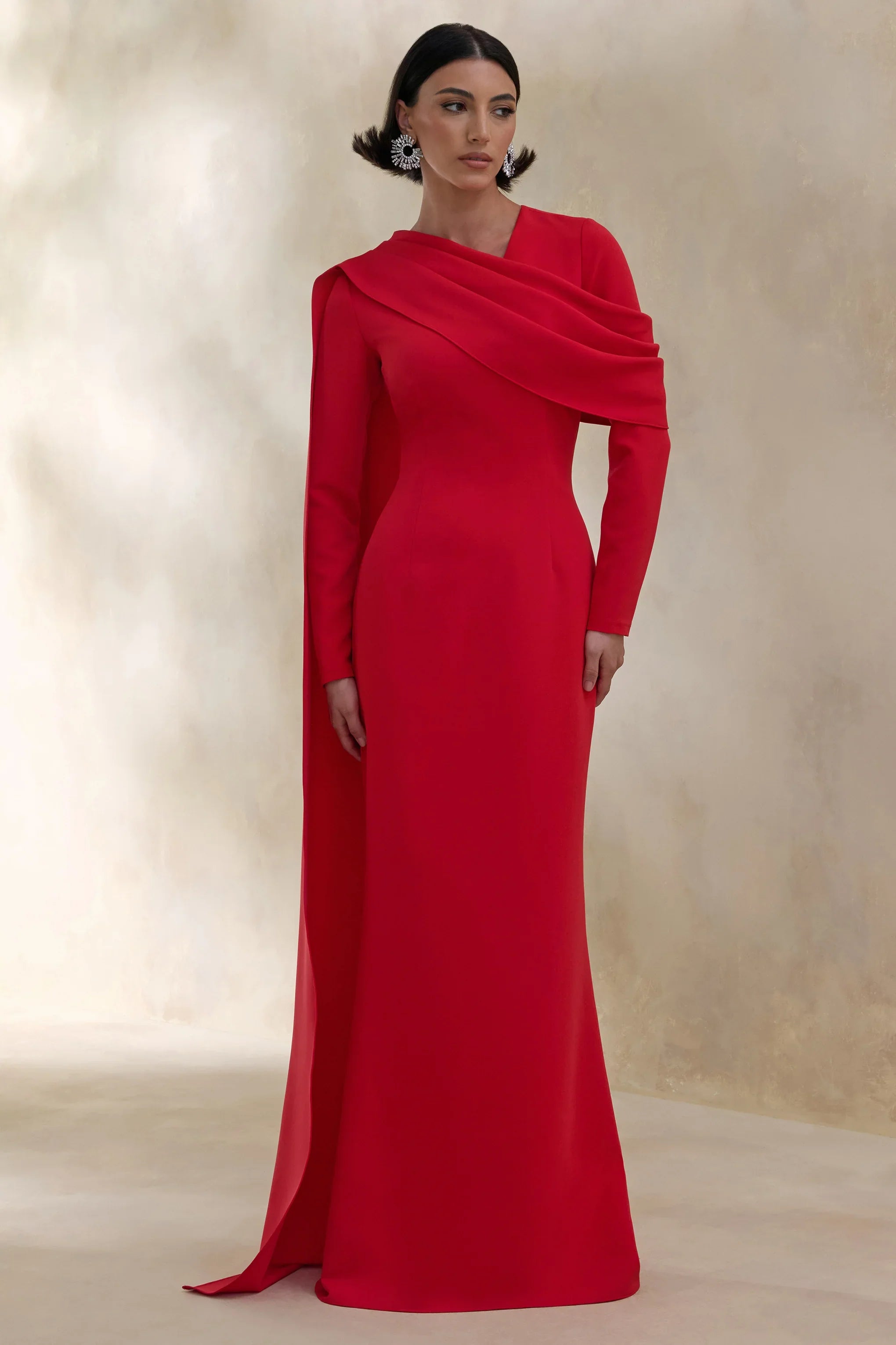 Heliora Red V Neck Maxi Dress With Sash And Draped Detail