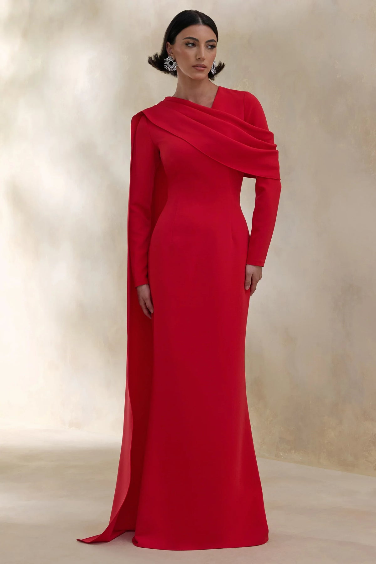 Heliora Red V Neck Maxi Dress With Sash And Draped Detail