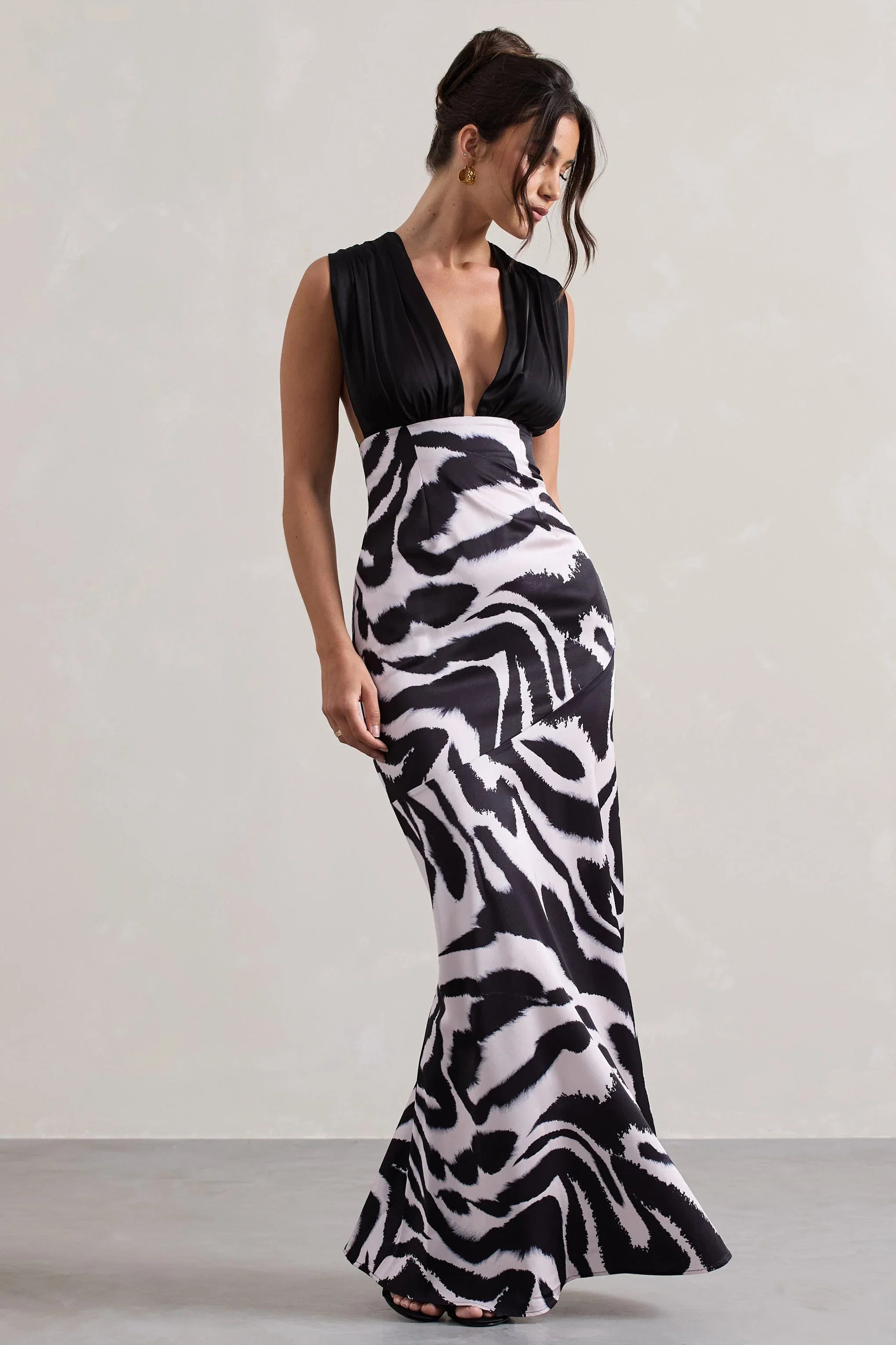 Azzara Zebra Print Satin Ruched V Neck Maxi Dress