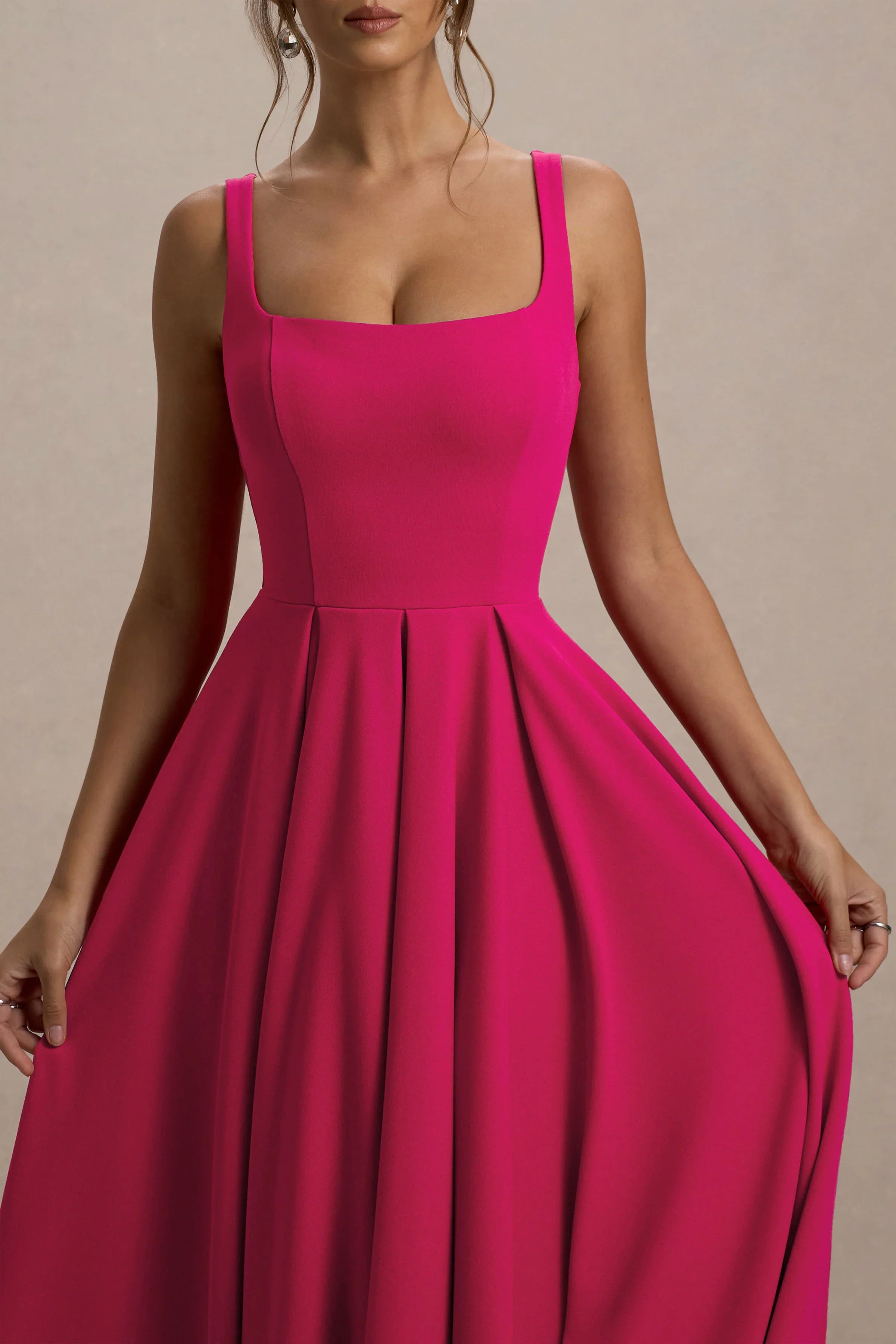 Parina Hot Pink Strappy Volume Hem Midi Dress