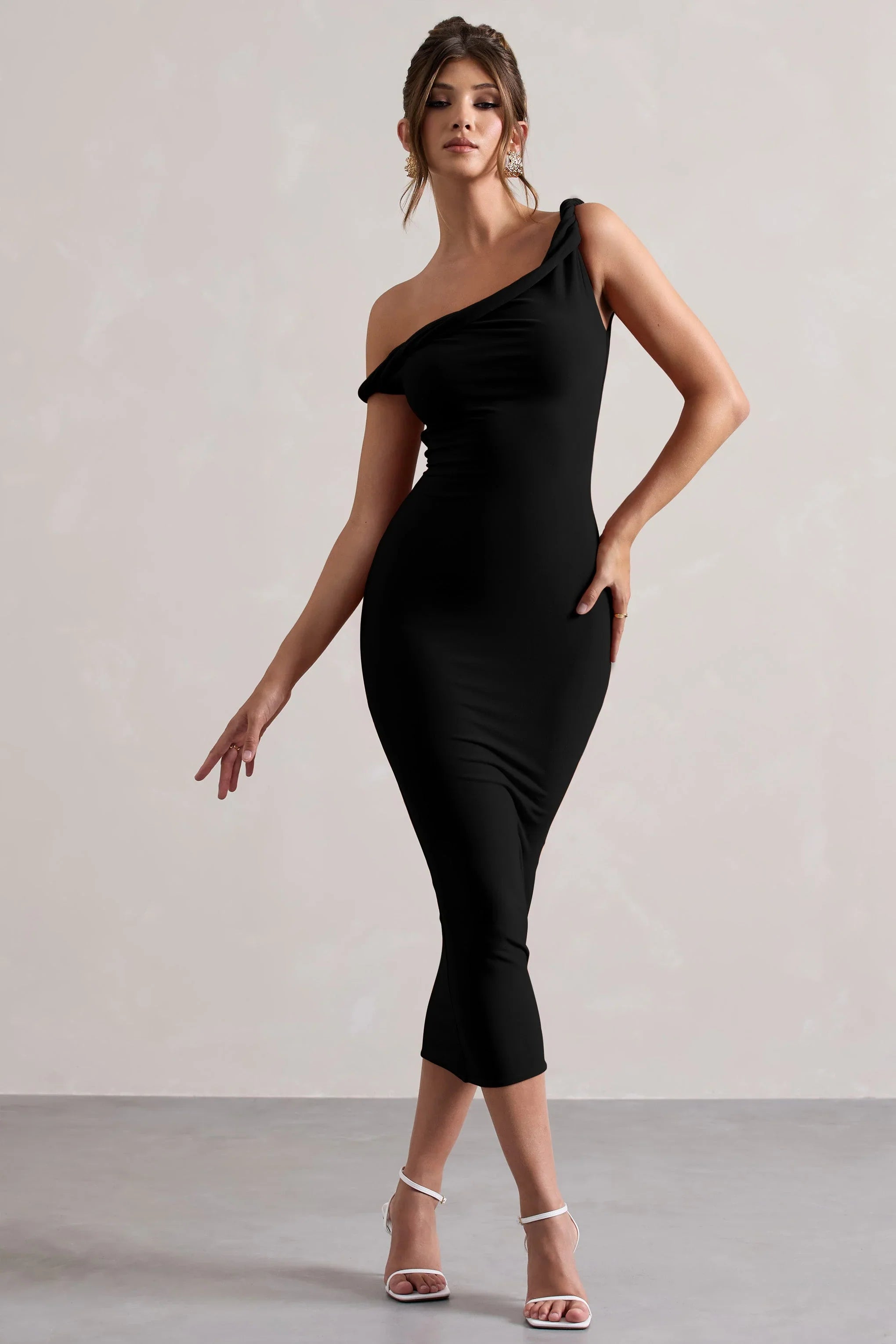 Salome Black Twisted Asymmetric Midi Dress