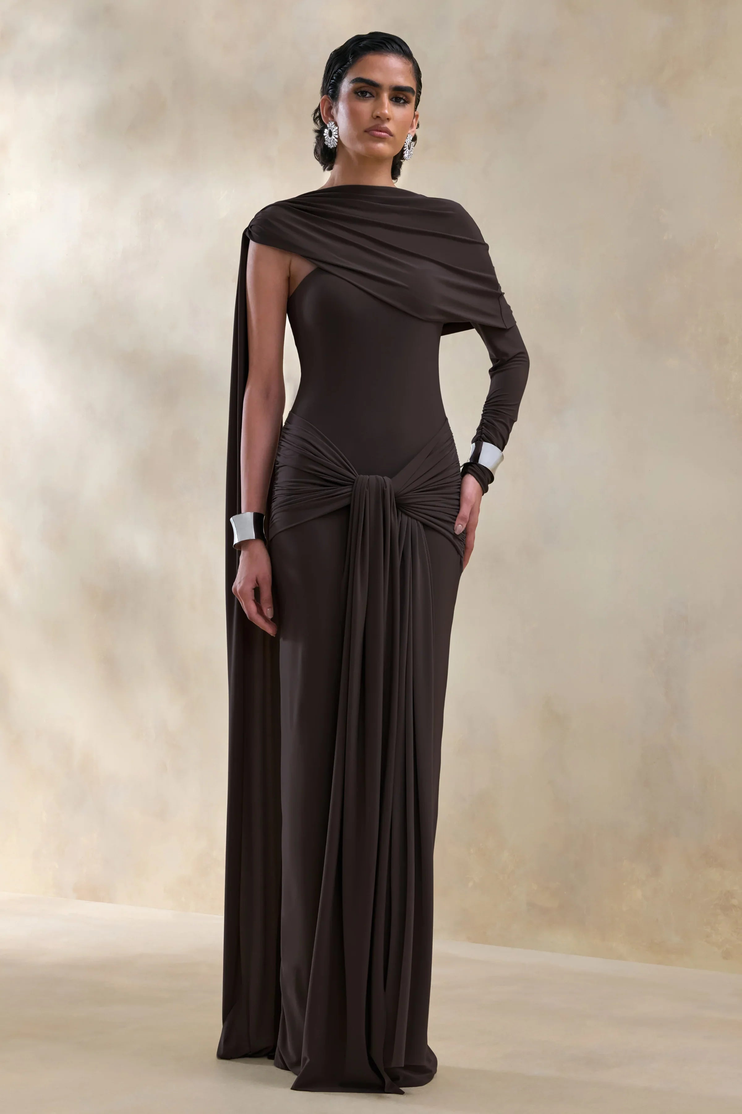Trisara Brown Asymmetric Neck Maxi Dress With Gathered Detailing And Sash