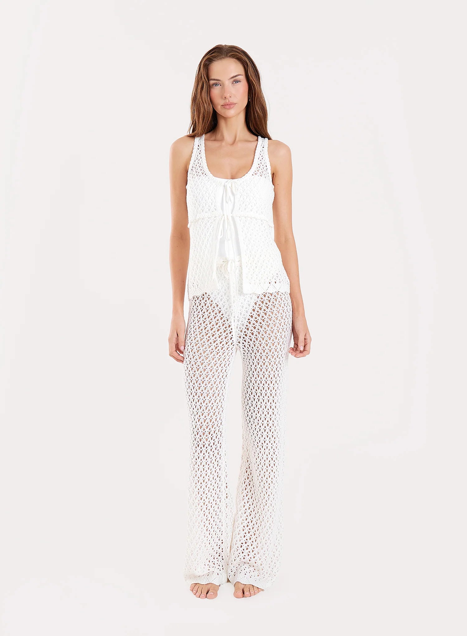 Off White Tie Front Crochet Top