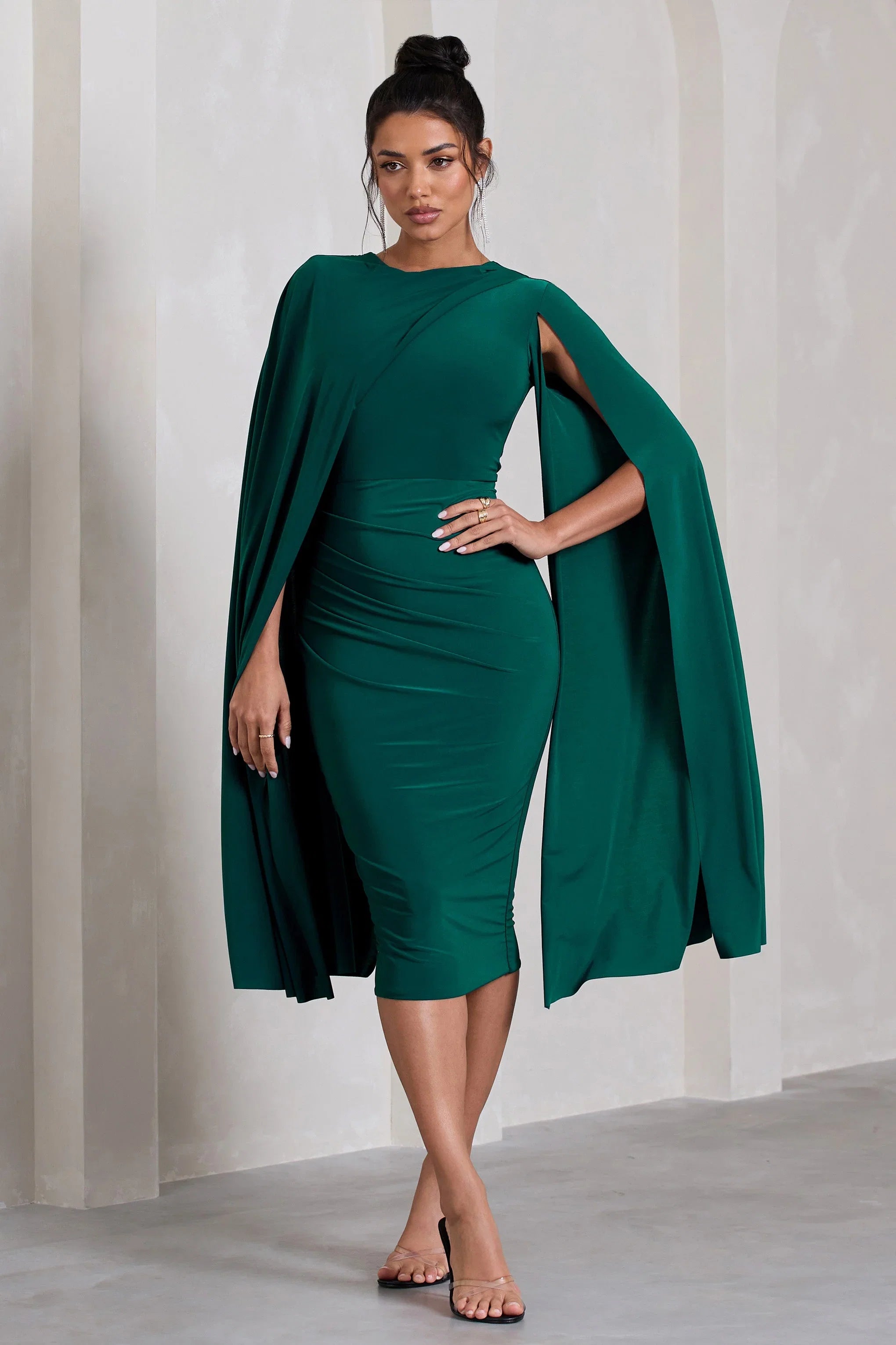 Marysol Bottle Green Asymmetric Cape Midi Dress