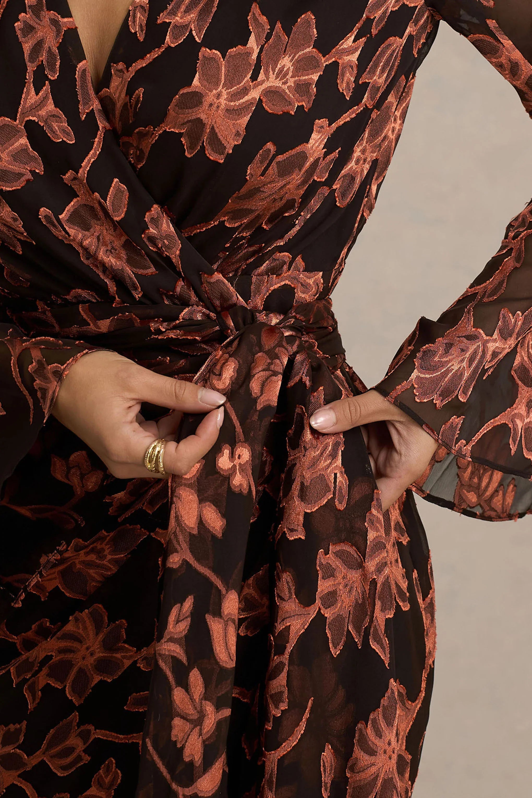 Lindsey Black And Rust Plunge Neck Wrap Mini Dress With Bell Sleeves And Sash Detail