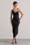 Fillie Black Satin Asymmetric Cowl Neck Midi Dress
