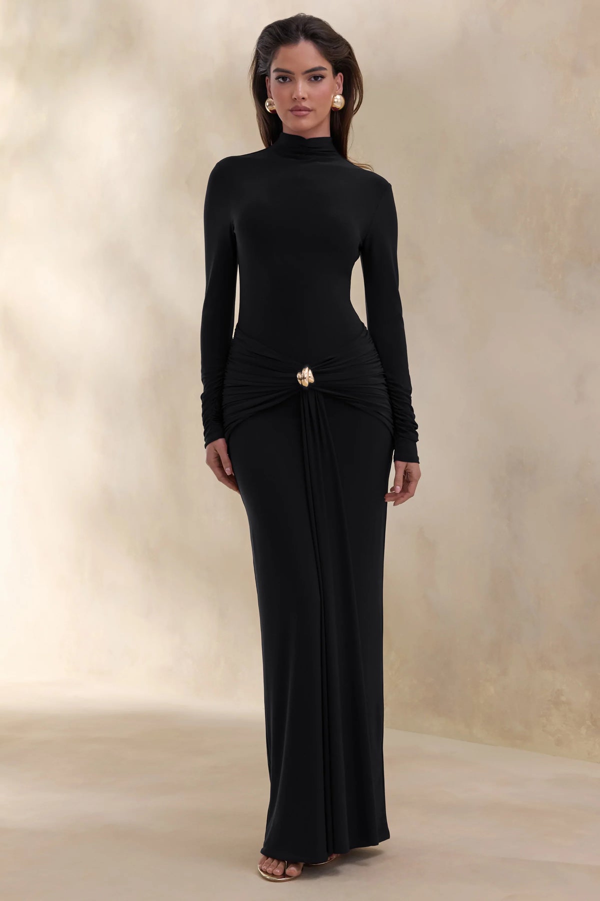 Ambrette Black High Neck Maxi Dress With Gathered Detailing