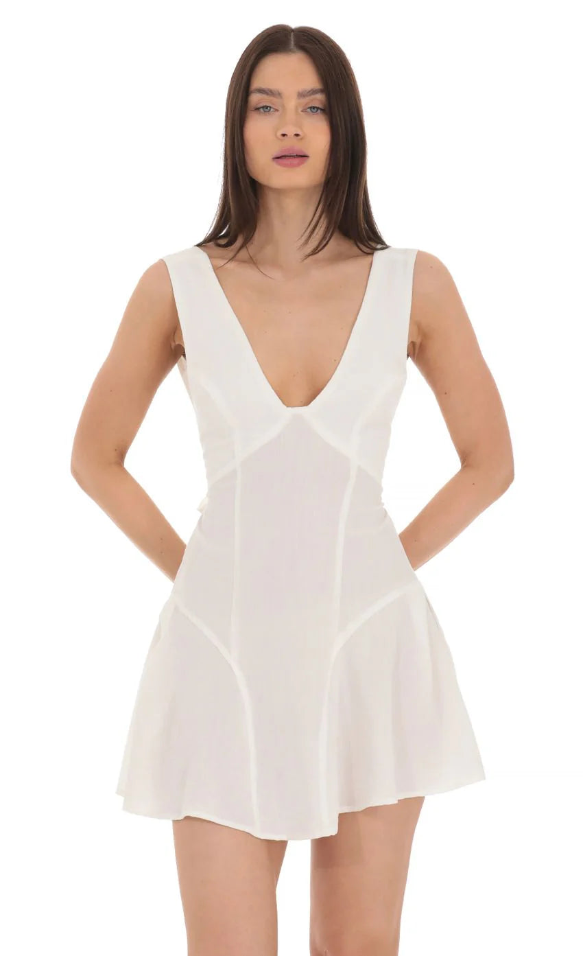 Plunge V Neck Dress in White