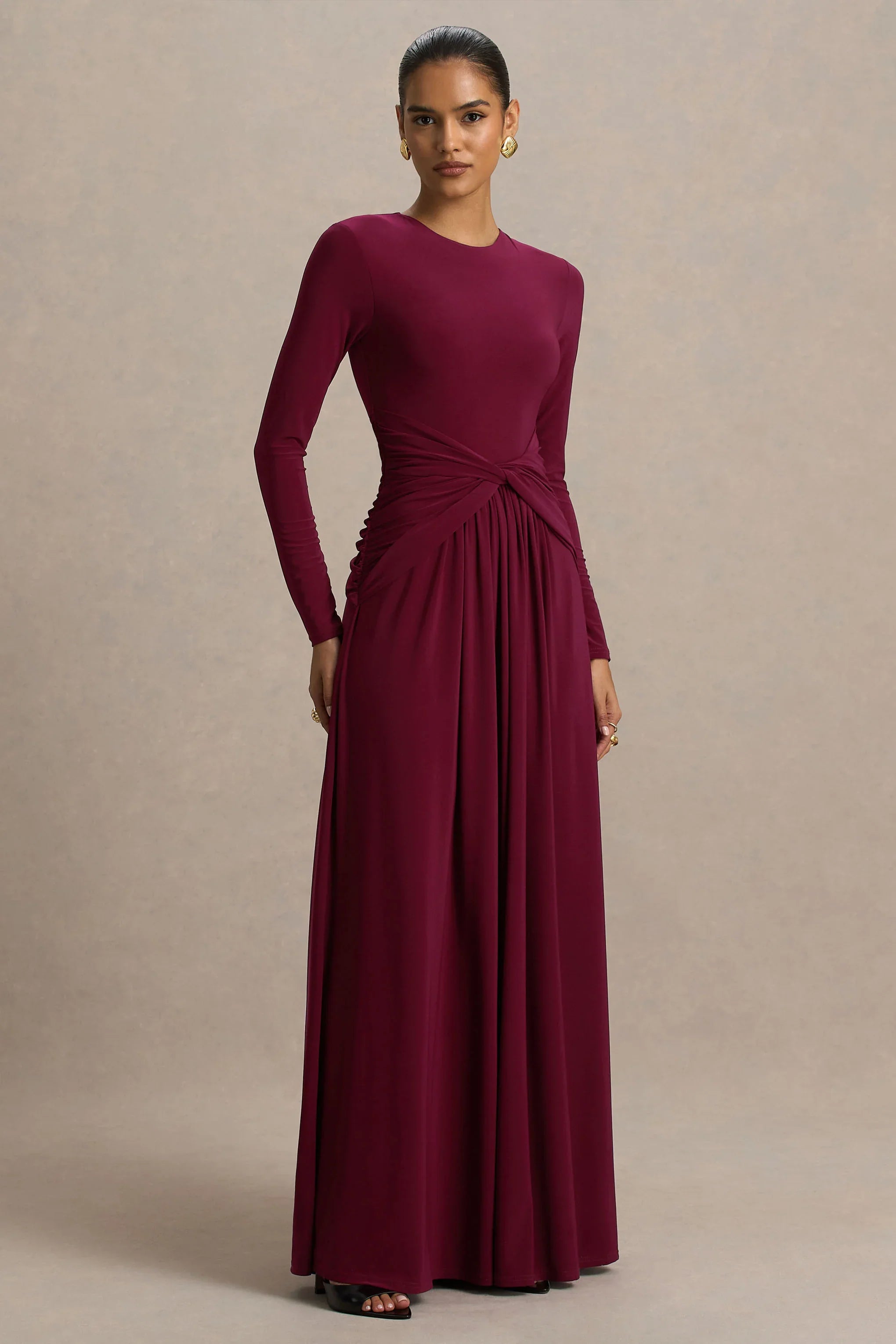 Estrella Berry High Neck Maxi Dress With Ruched Detailing