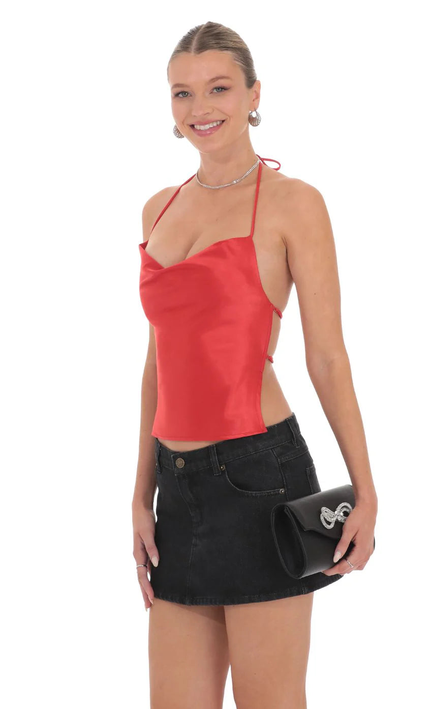 Satin Cowl Neck Top in Red