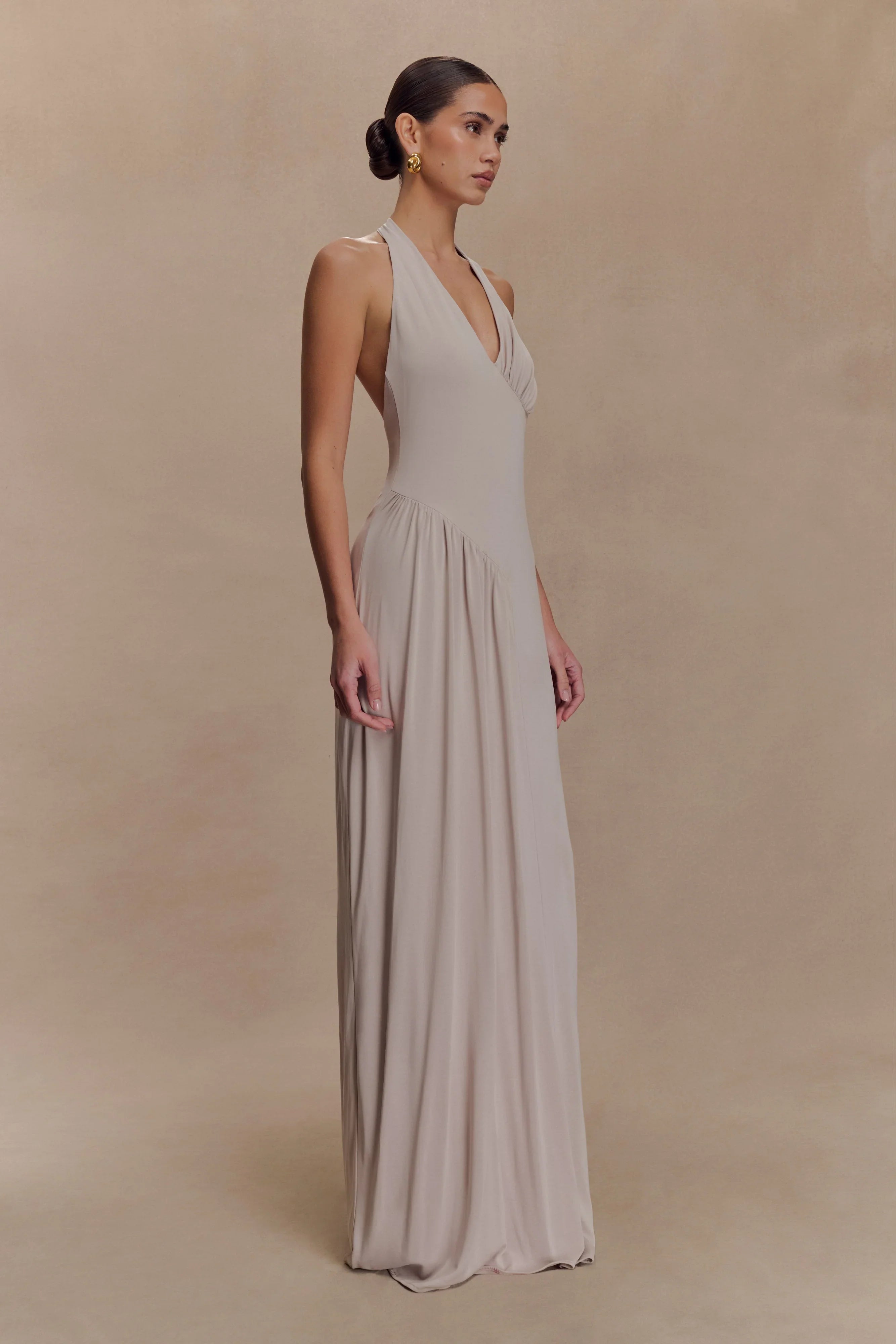 Yelena Ruched Halter Maxi Dress Taupe