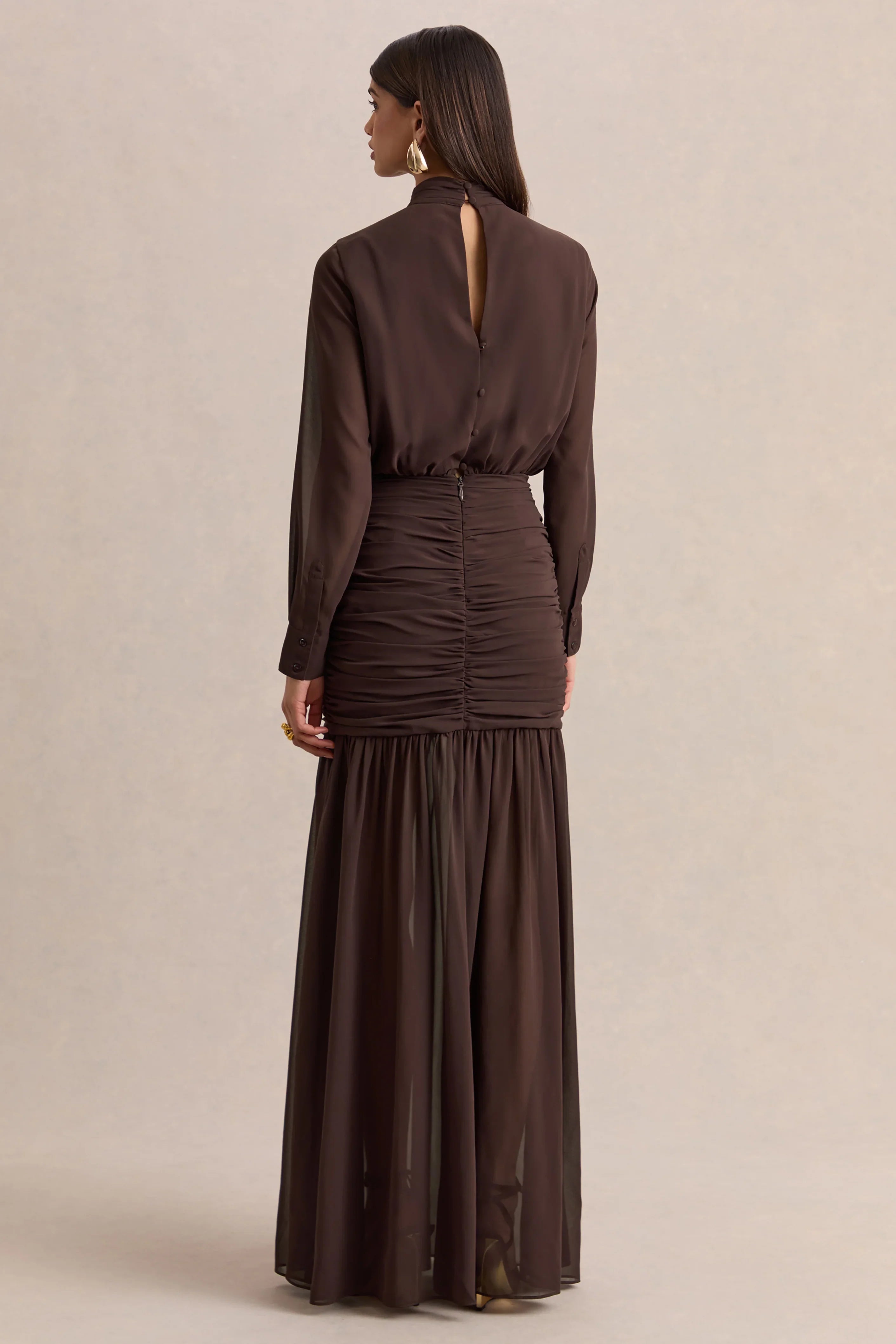 Zella Brown High Neck Maxi Dress With Sheer Skirt