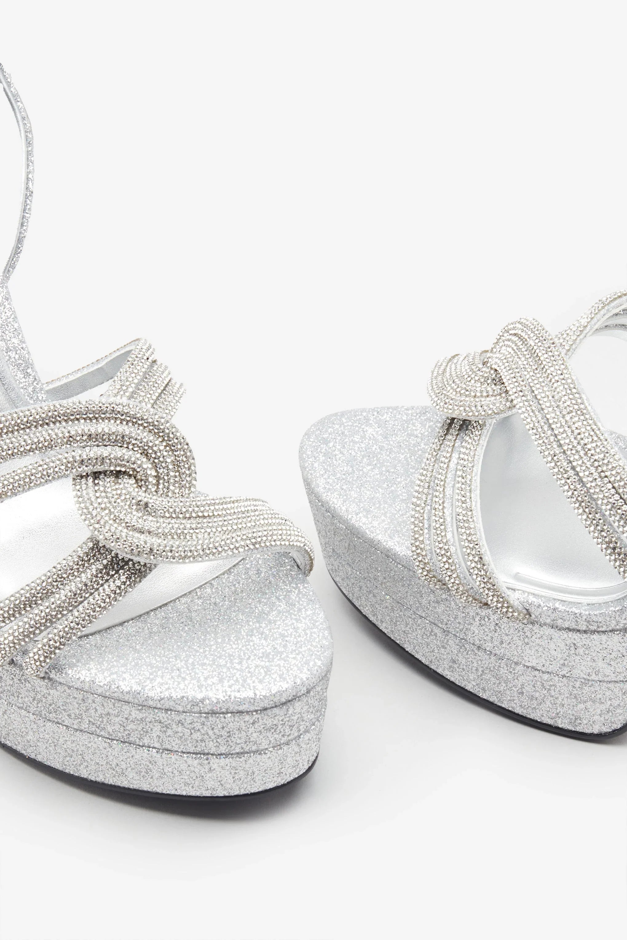 Doll Drama Silver Glitter Diamante Strappy Platform Heels