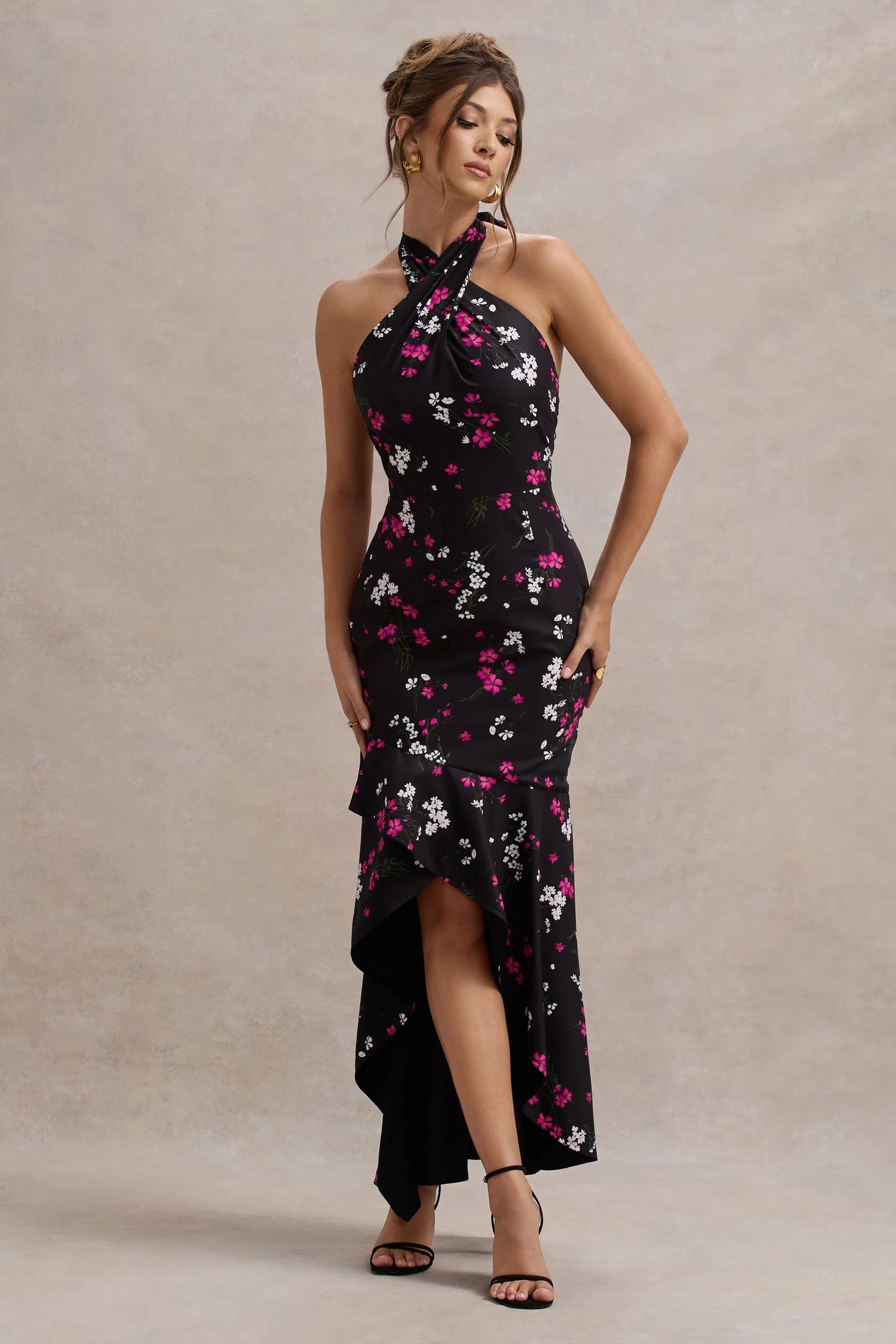 Melodia Black Ditsy Floral Print Satin Halter Neck Ruffled Maxi Dress