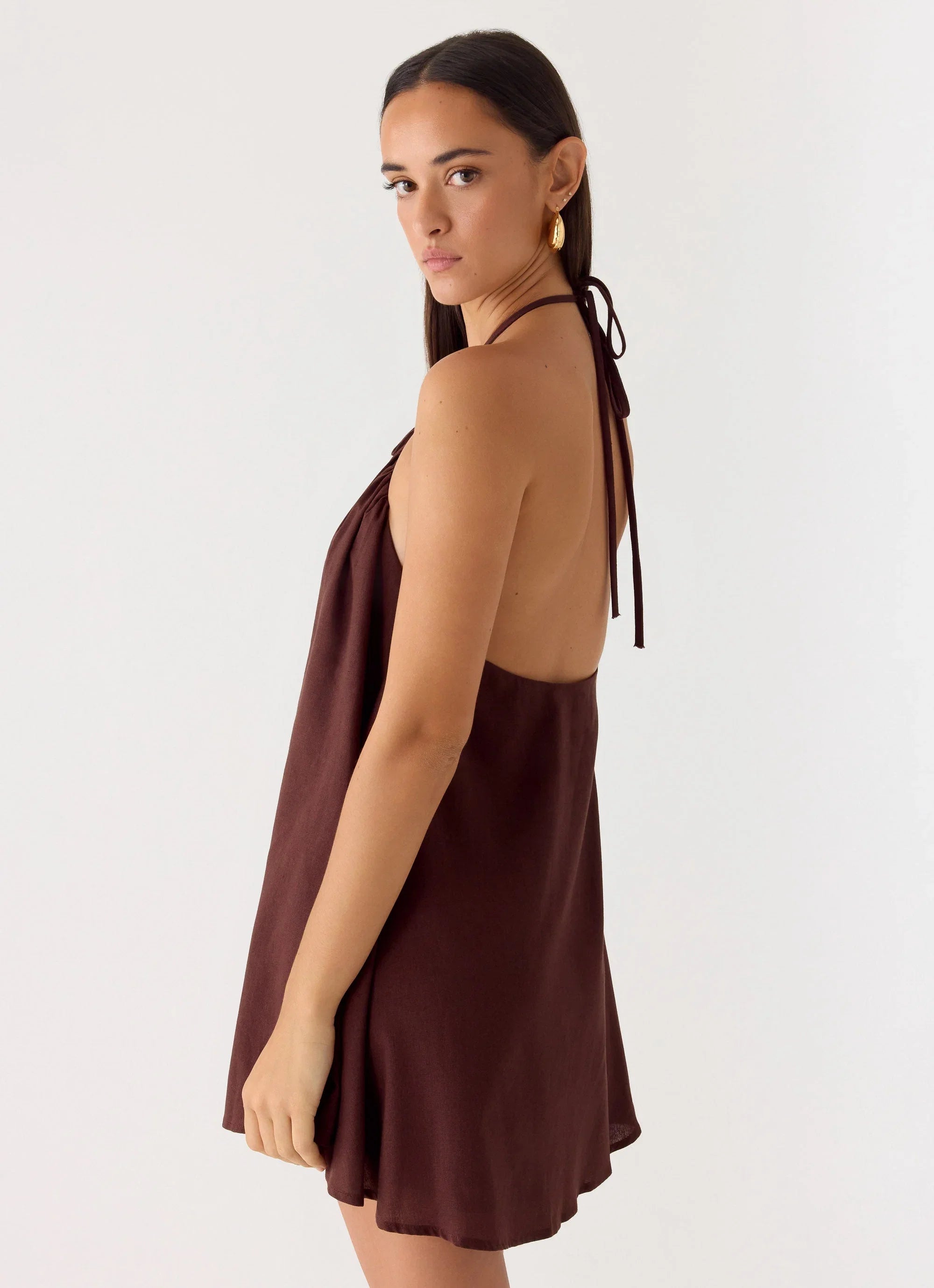 Soft Breeze Linen Mini Dress Chocolate
