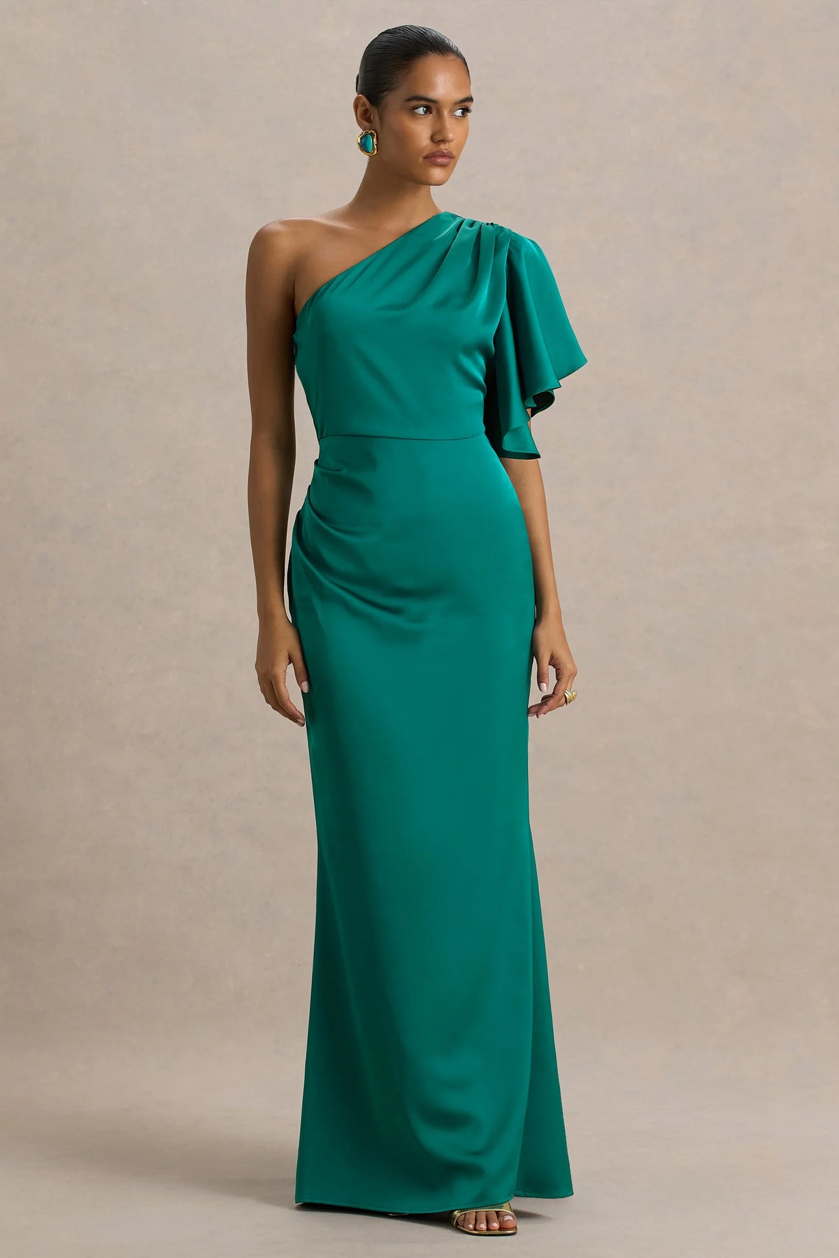 Unforgettable Bottle Green Asymmetric Neck Maxi Dress With Ruffled Detailing