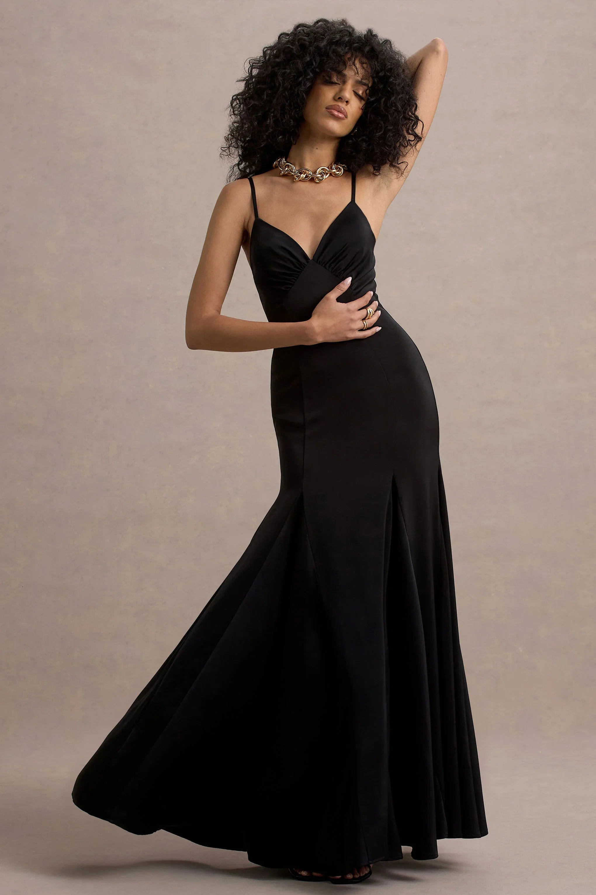 Ashly Black Satin Maxi Dress With Volume Hem