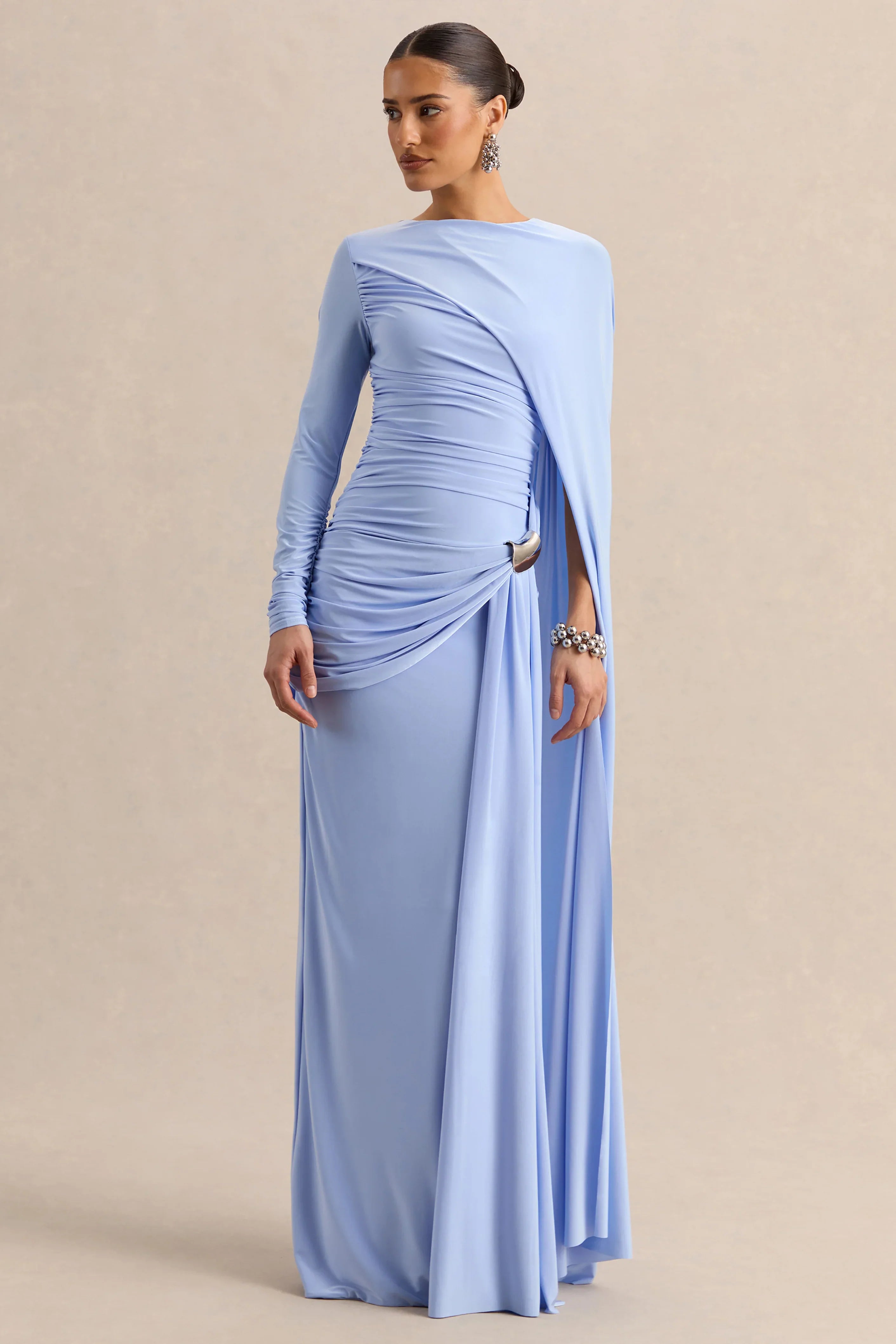 Orintha Powder Blue Wide Neck Maxi Dress With Cape And Gold Detail