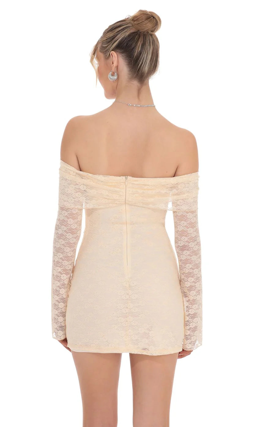 Lace Draped Off Shoulder Dress in Pastel Peach