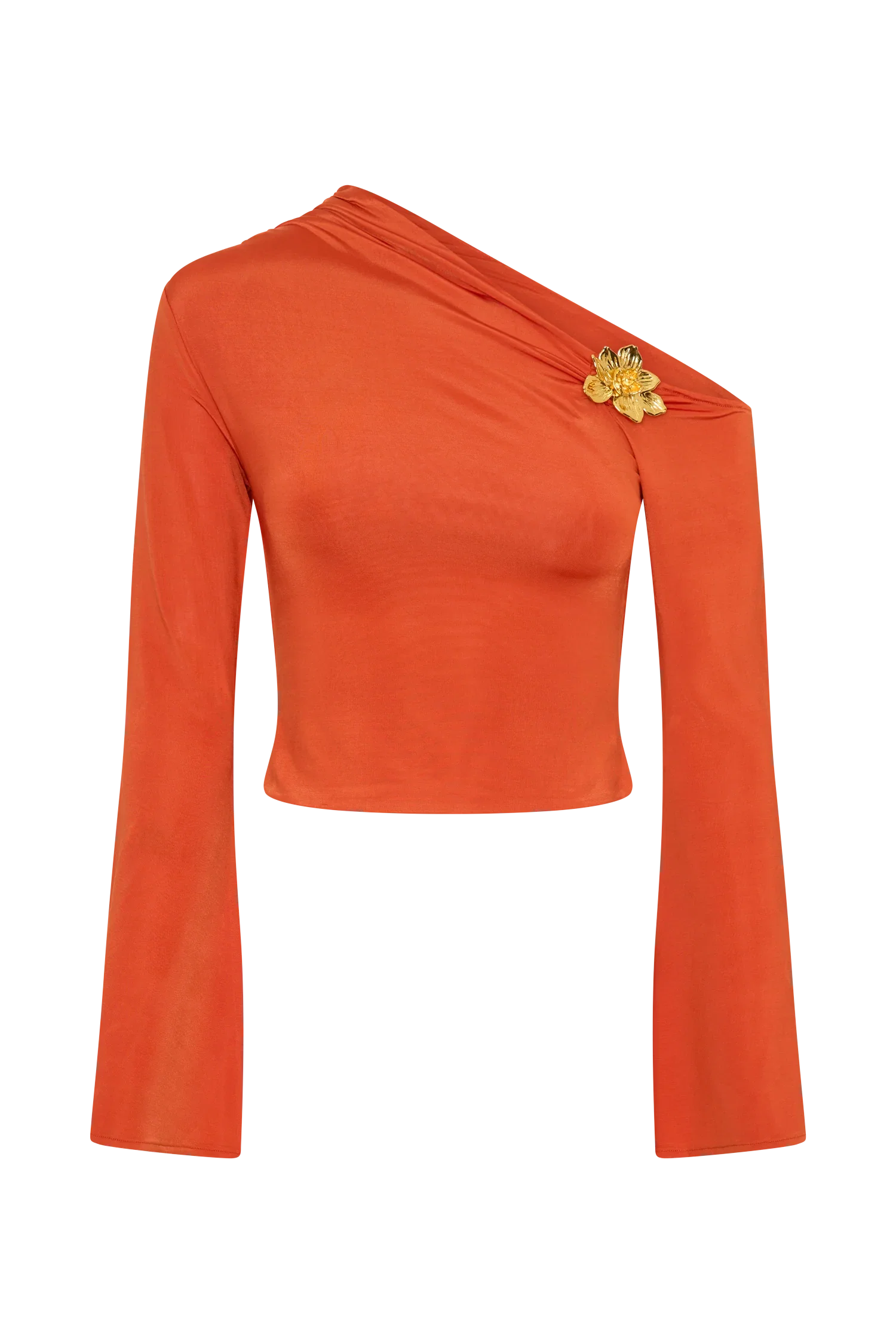 Ainsley Asymmetrical Long Sleeve Top With Floral Hardware Burnt Orange